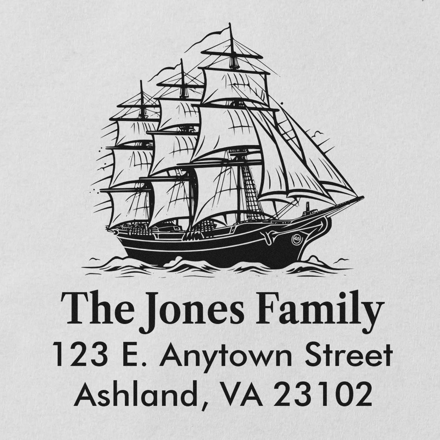 Custom nautical return address rubber stamp with sailing ship illustration and The Jones Family, Ashland, VA address