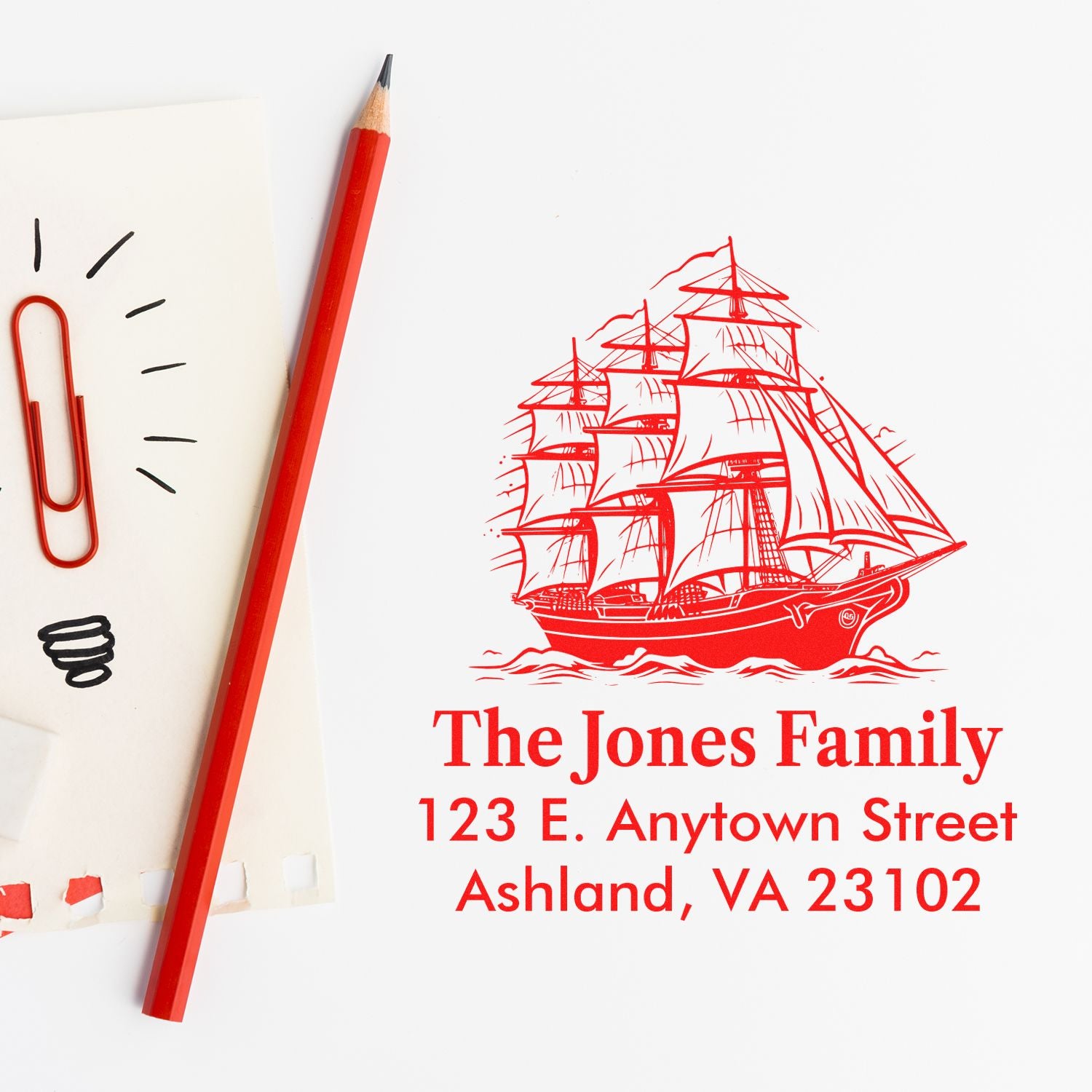 Custom nautical return address rubber stamp with tall ship design for The Jones Family in Ashland, VA