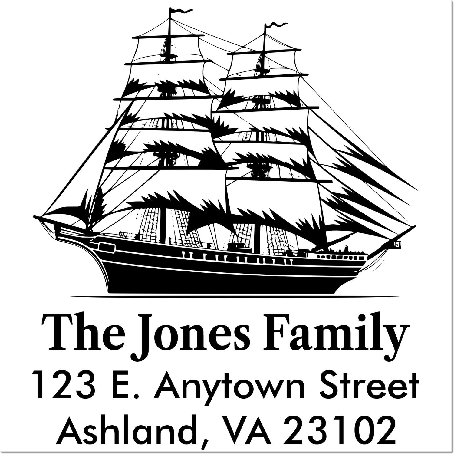 Custom return address rubber stamp with sailing ship design, The Jones Family, 123 E. Anytown Street, Ashland, VA 23102