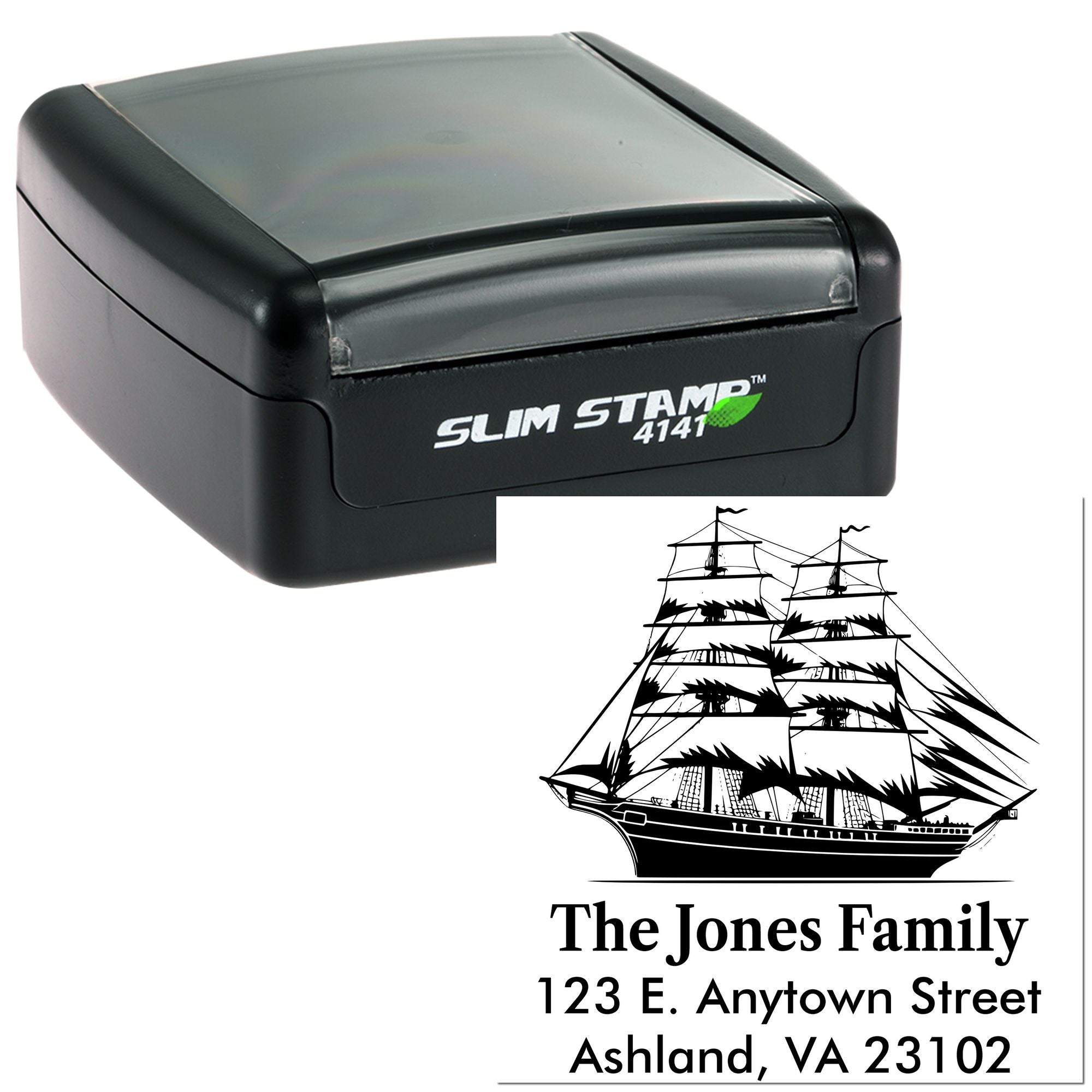 Slim Stamp 4141 self-inking custom rubber stamp with sailing ship return address for The Jones Family personal mailing.