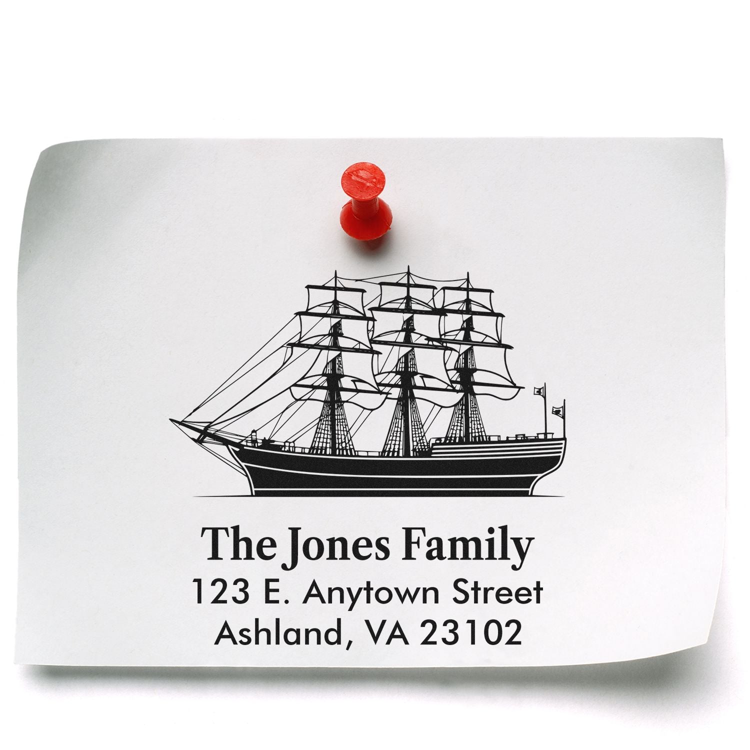 Custom nautical family address rubber stamp with ship design, showing The Jones Family, Ashland VA return address on paper.