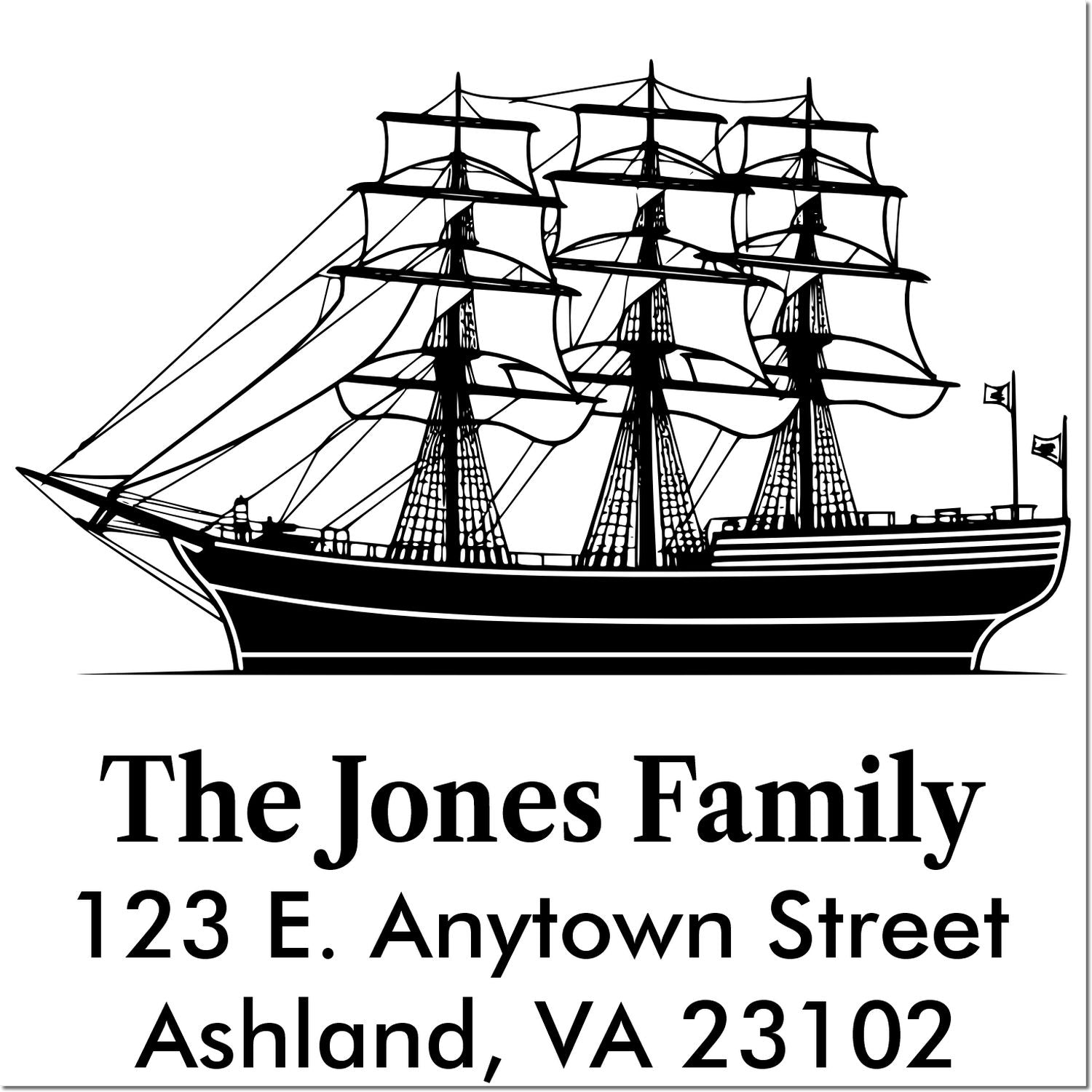 Custom return address rubber stamp with tall ship illustration and family name for nautical-themed mail.