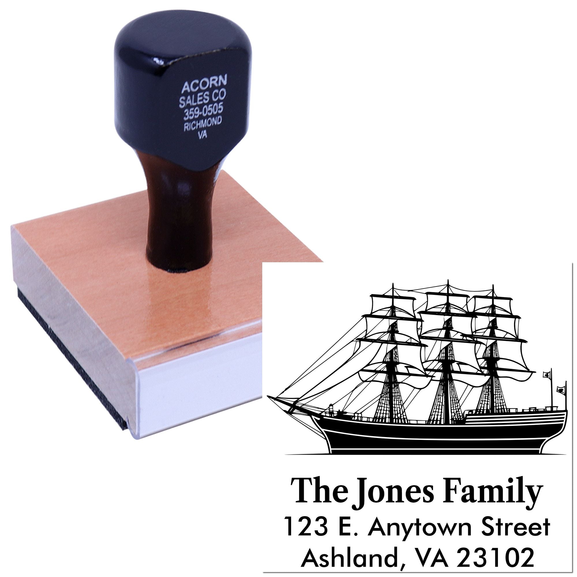 Custom family return address rubber stamp with sailboat design for envelopes and mailing labels.