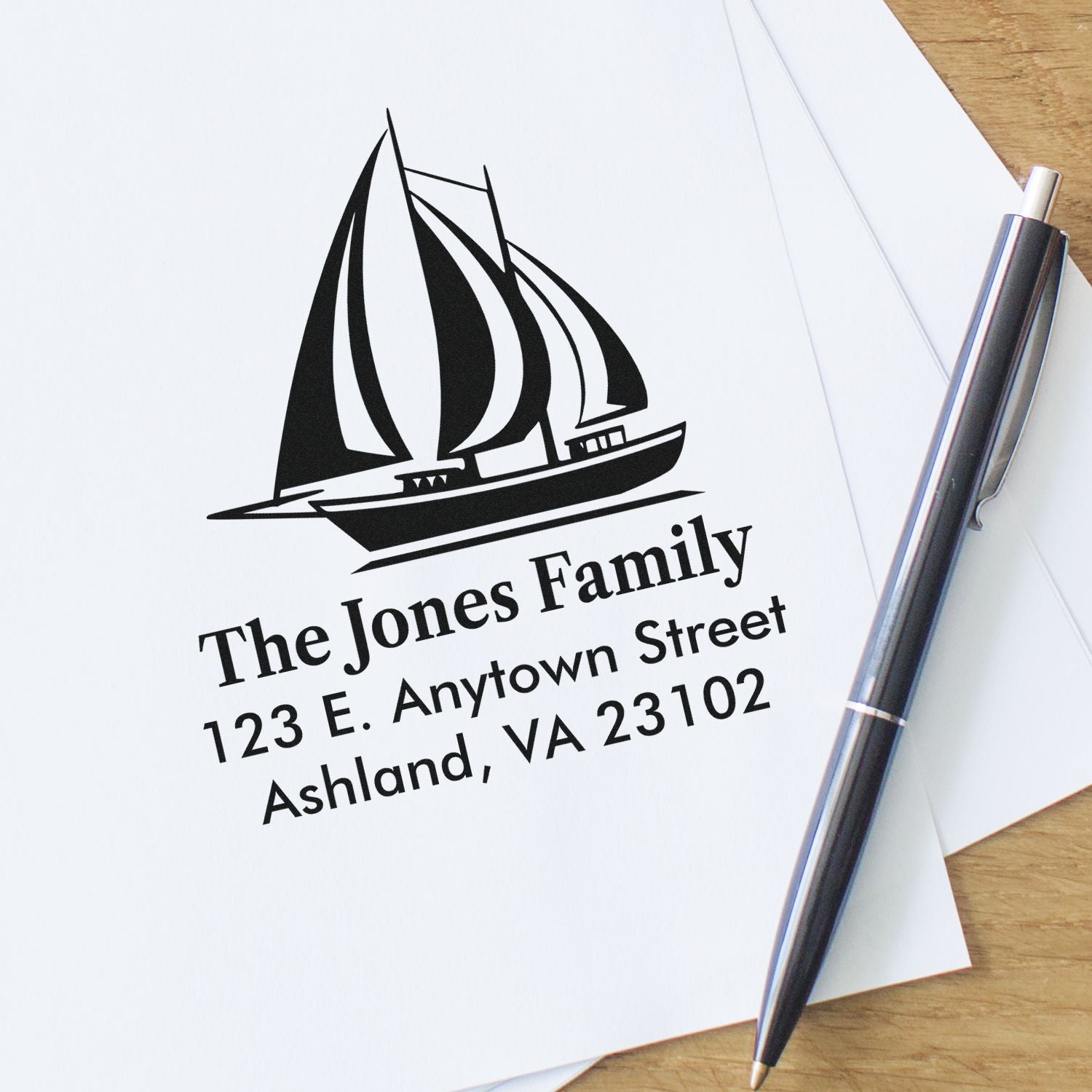 Personalized nautical return address rubber stamp with sailboat design for The Jones Family, Ashland, VA.