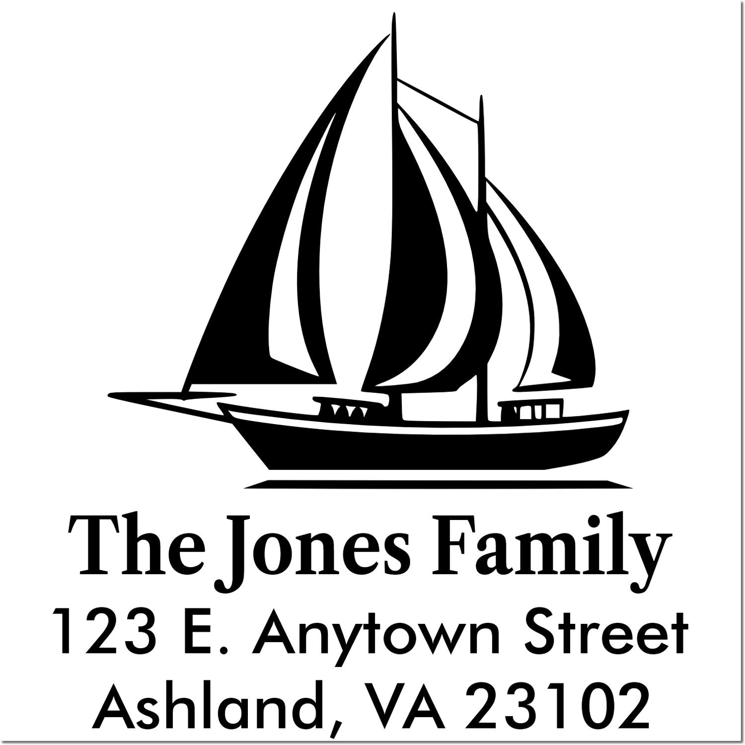 Custom nautical sailboat return address rubber stamp for The Jones Family, 123 E. Anytown Street, Ashland, VA 23102.