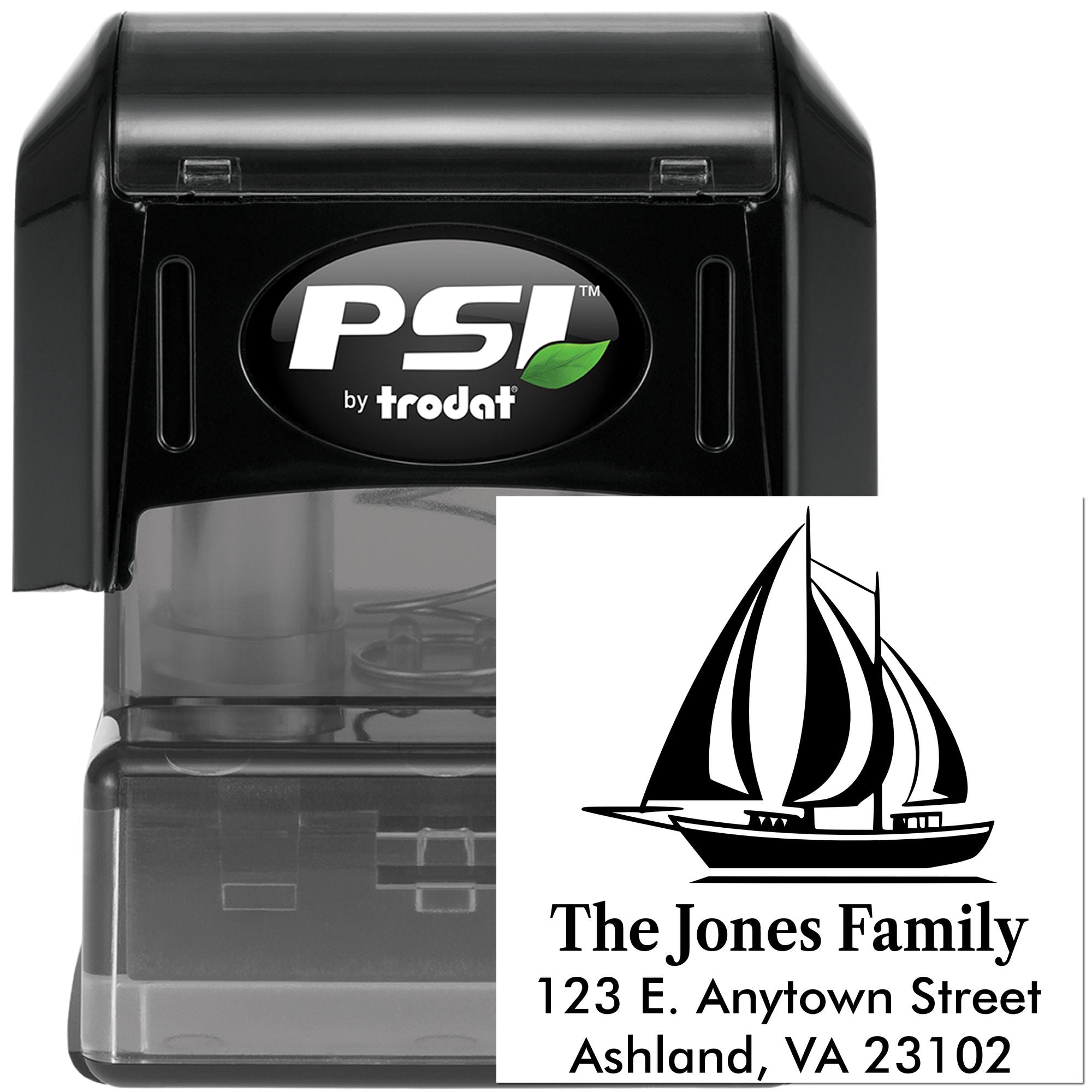 Custom family return address rubber stamp with sailboat design, PSI by Trodat self-inking stamp.
