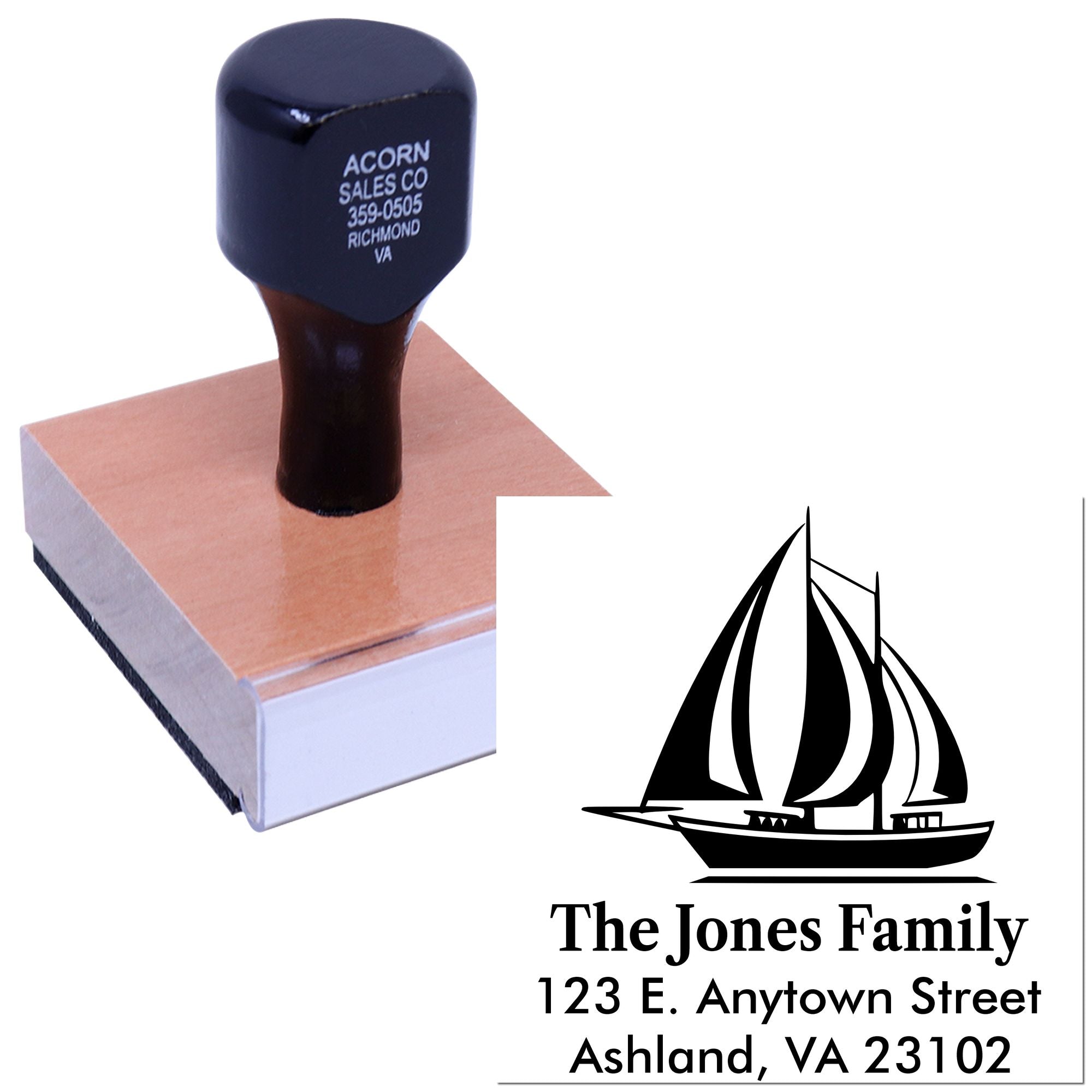 Custom rubber stamp with sailboat family return address for personalized mailing and envelope stamping.