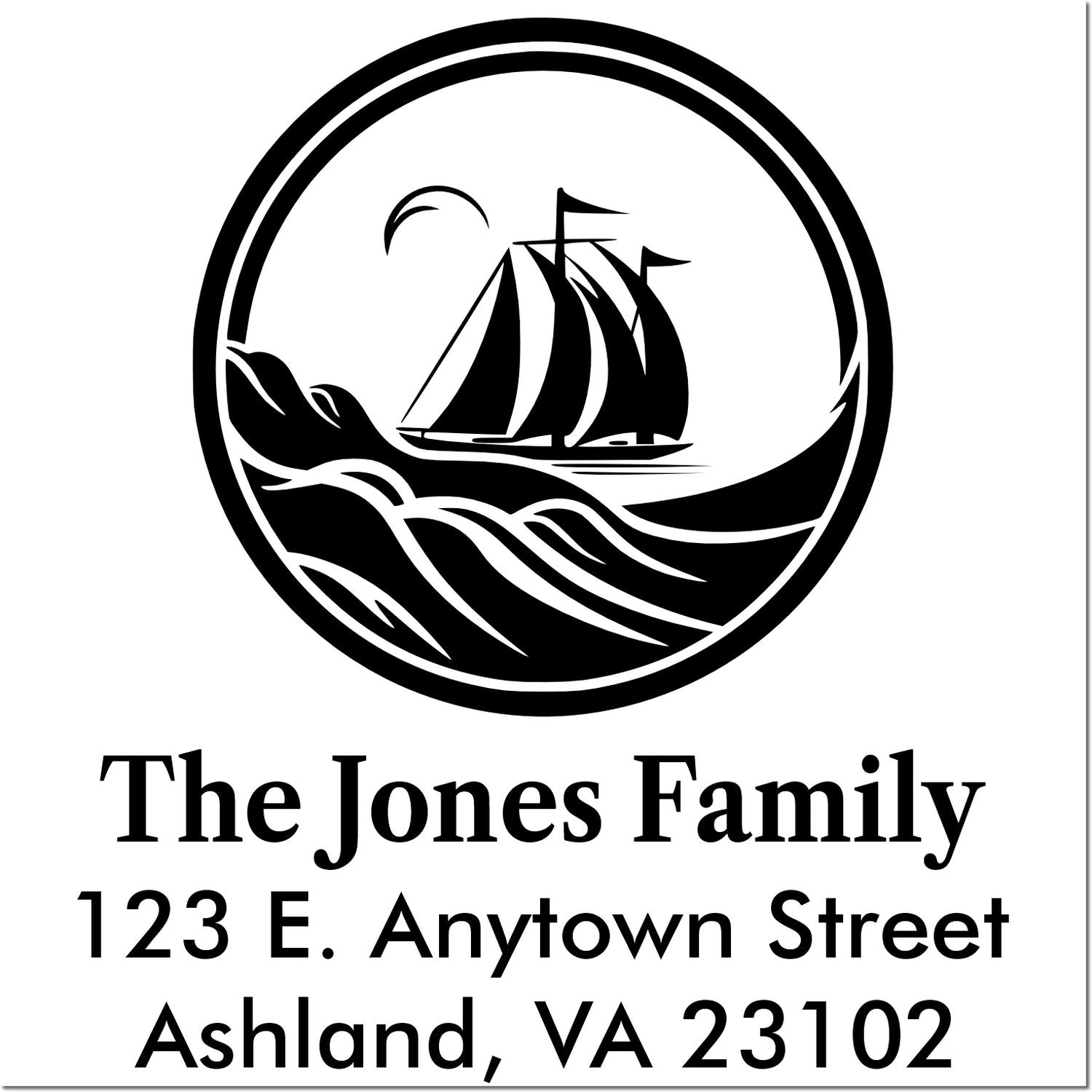 Personalized return address rubber stamp with sailboat logo for The Jones Family, 123 E. Anytown Street, Ashland, VA 23102