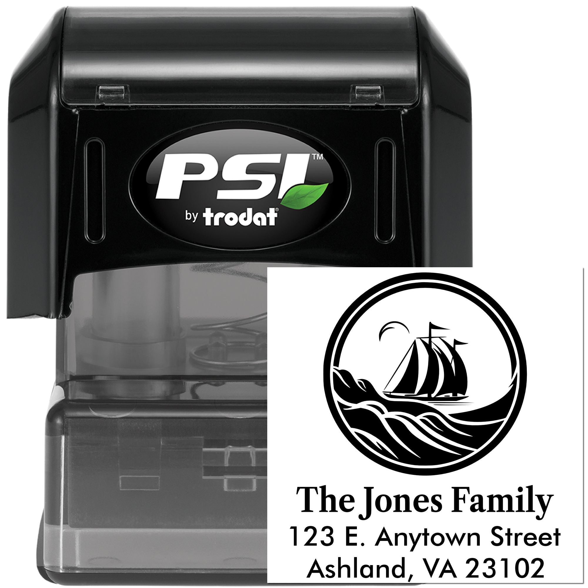 Custom self-inking rubber stamp with sailboat family address design, PSI by Trodat, for personalized return address stamping.