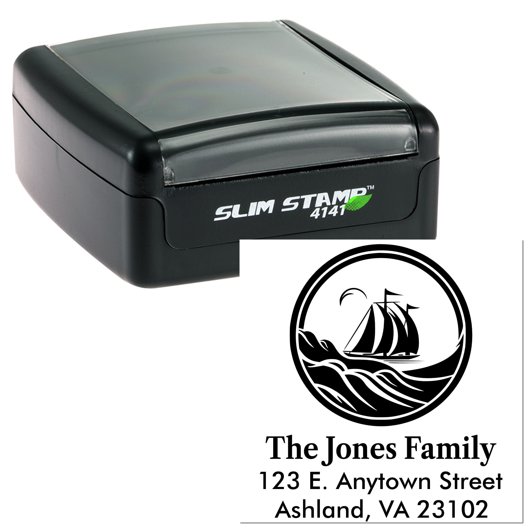 Slim Stamp 4141 custom self-inking return address rubber stamp with sailboat family logo and address