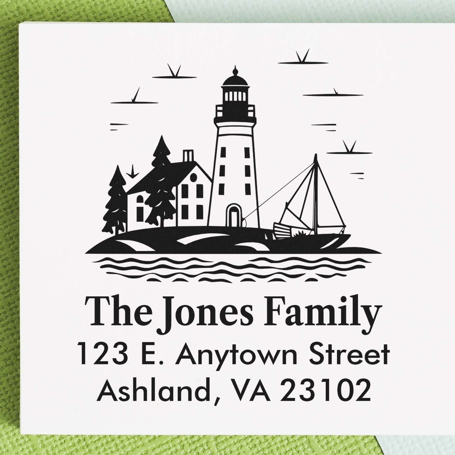 Personalized lighthouse address rubber stamp for The Jones Family, Ashland VA, for envelopes and stationery.