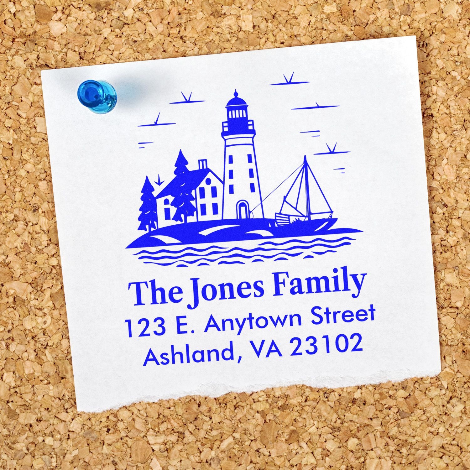 Custom lighthouse return address rubber stamp for personalized family mail with name, street address, and Ashland, VA zip code.