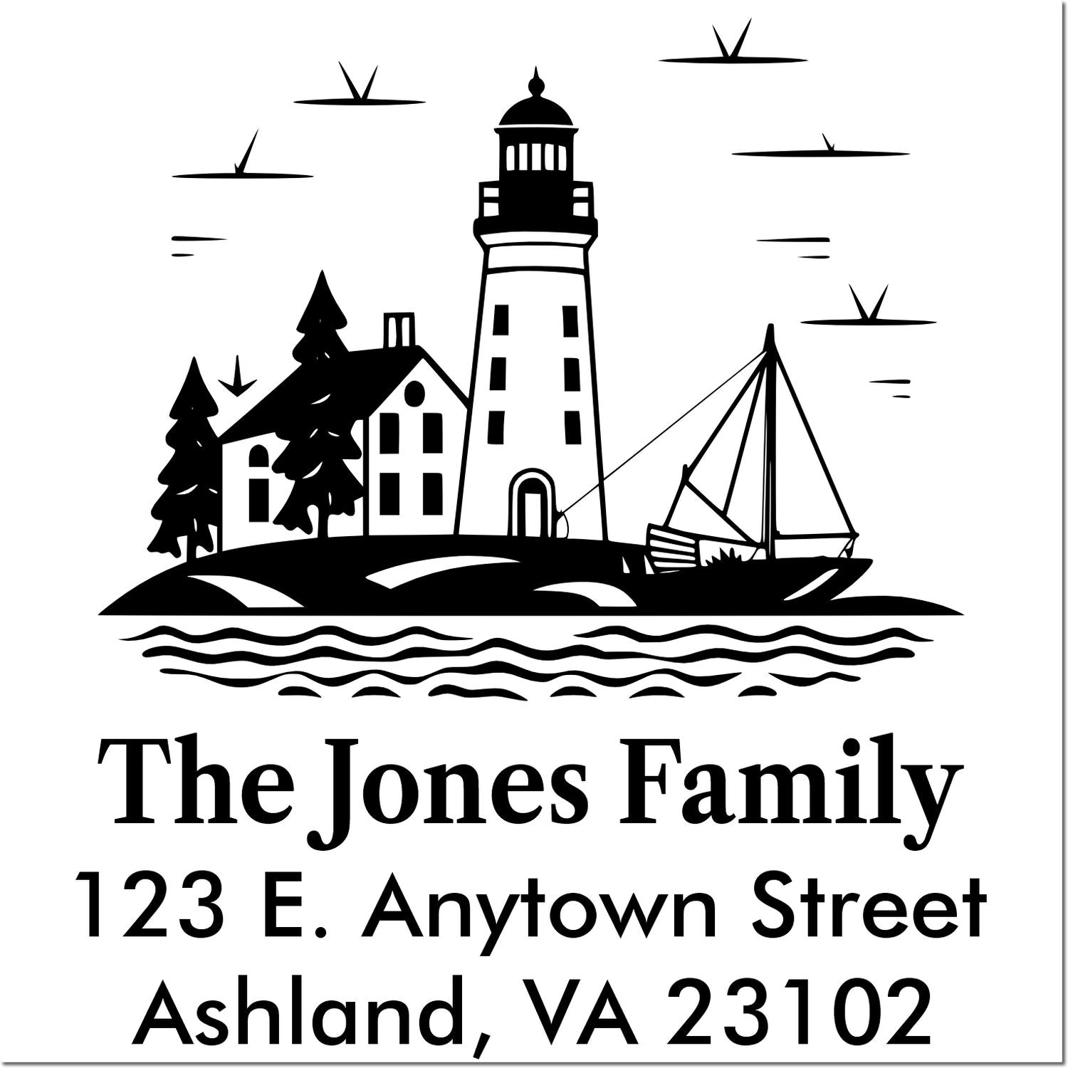 Custom lighthouse return address rubber stamp for The Jones Family, 123 E. Anytown Street, Ashland, VA 23102