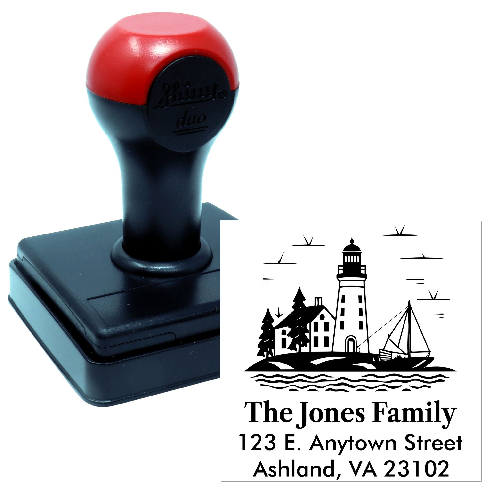 Custom self-inking address rubber stamp with lighthouse family design for personalized mail and return addresses.
