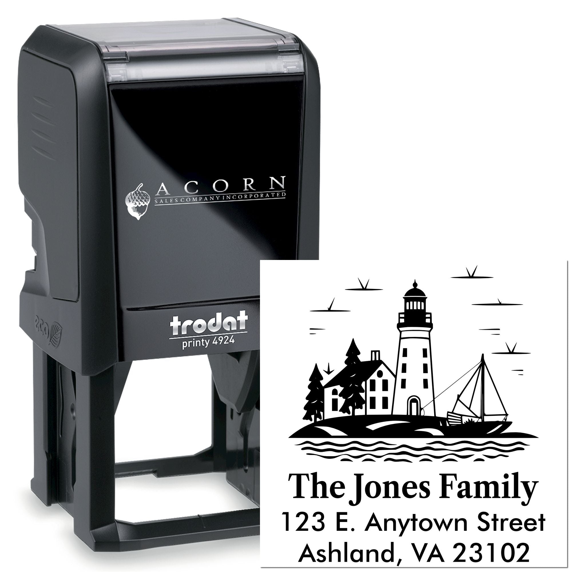 Custom self-inking rubber stamp with lighthouse return address design for The Jones Family, ideal for personalized mail.