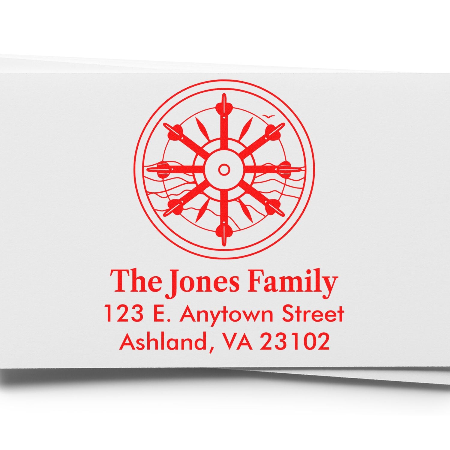 Personalized return address rubber stamp with nautical wheel logo for The Jones Family, Ashland, VA 23102.