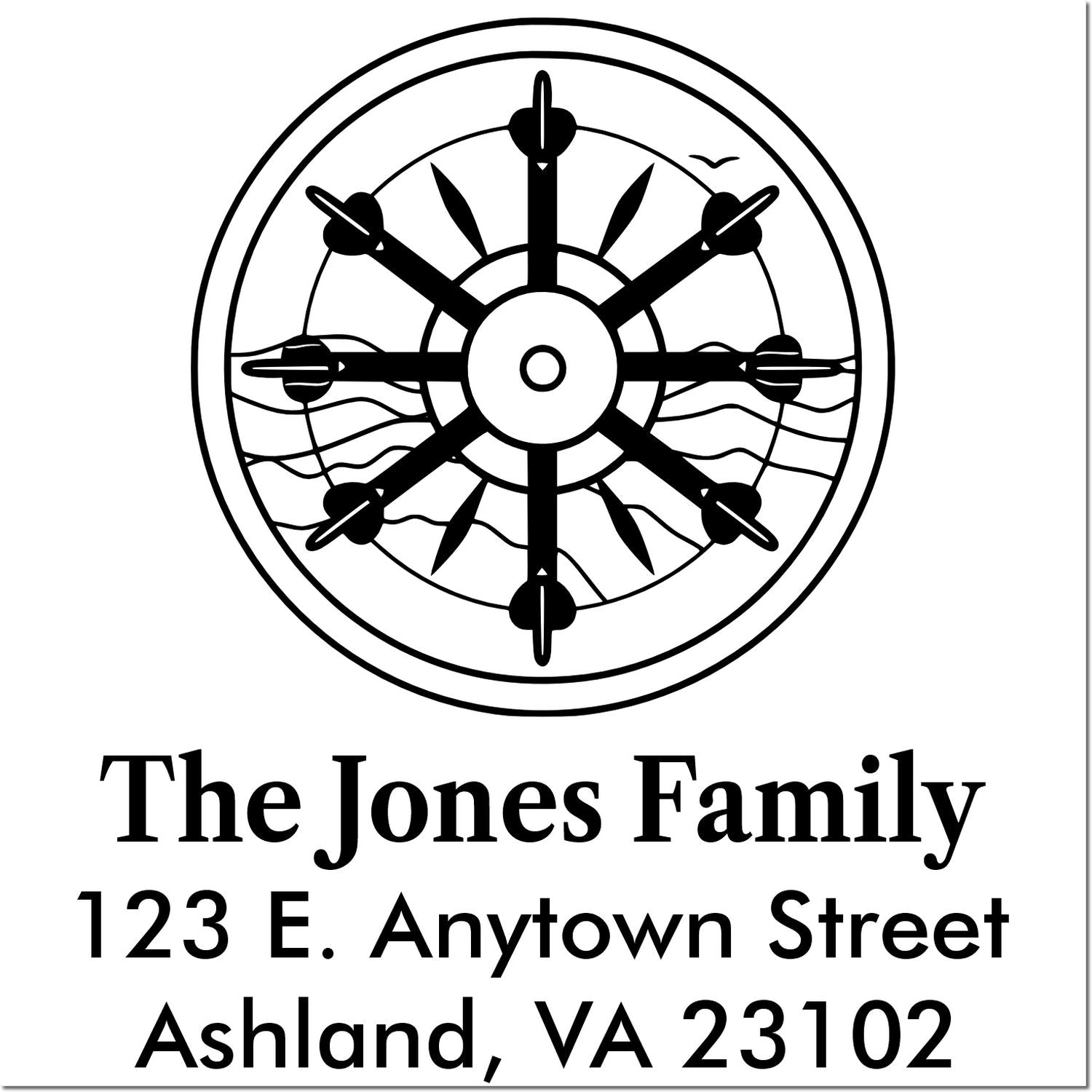 Personalized family address rubber stamp with nautical wheel design, The Jones Family, Ashland, VA 23102