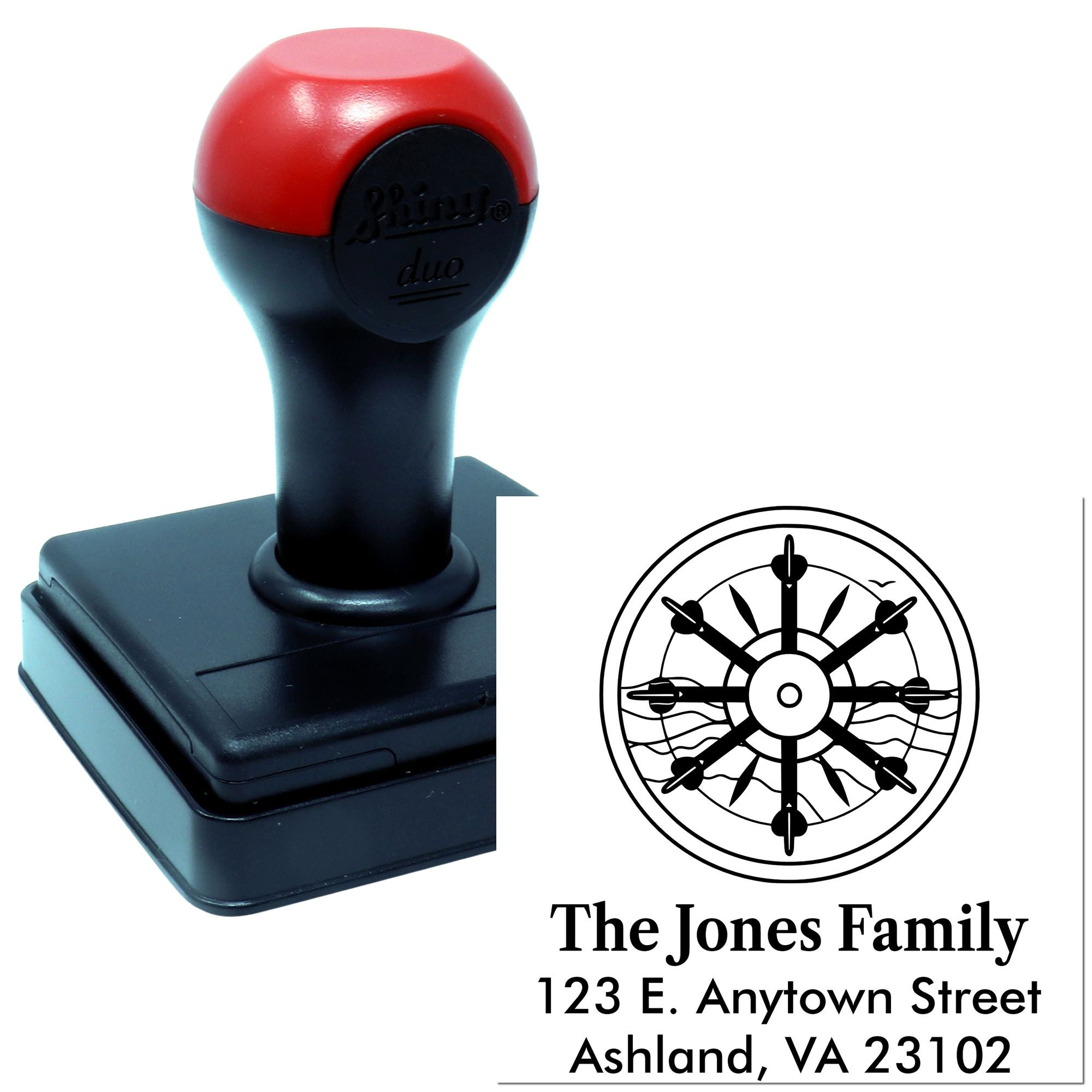 Custom self-inking address stamp for family mail, featuring nautical wheel design and personalized return address.