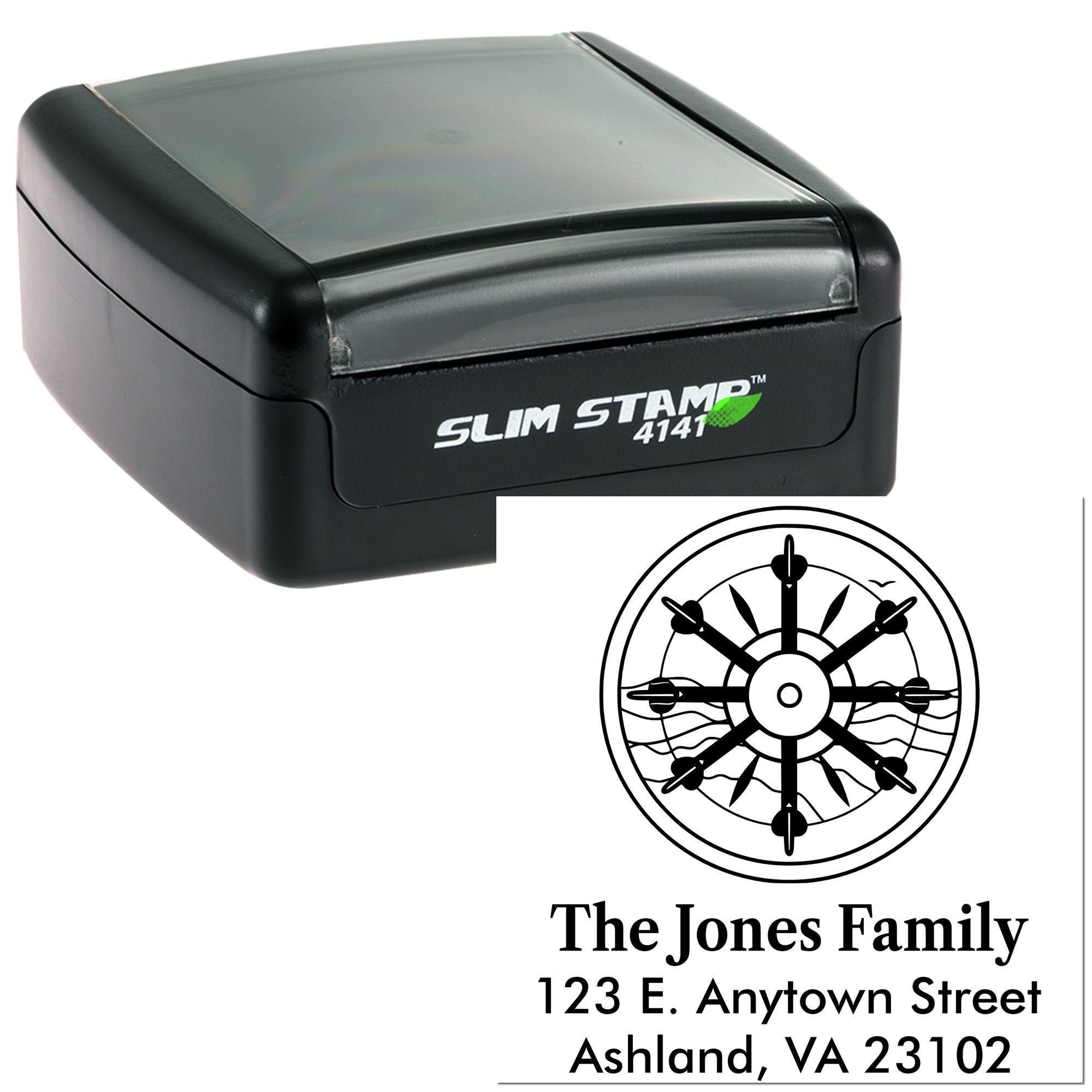Slim Stamp 4141 self-inking custom address rubber stamp with nautical compass design for The Jones Family.