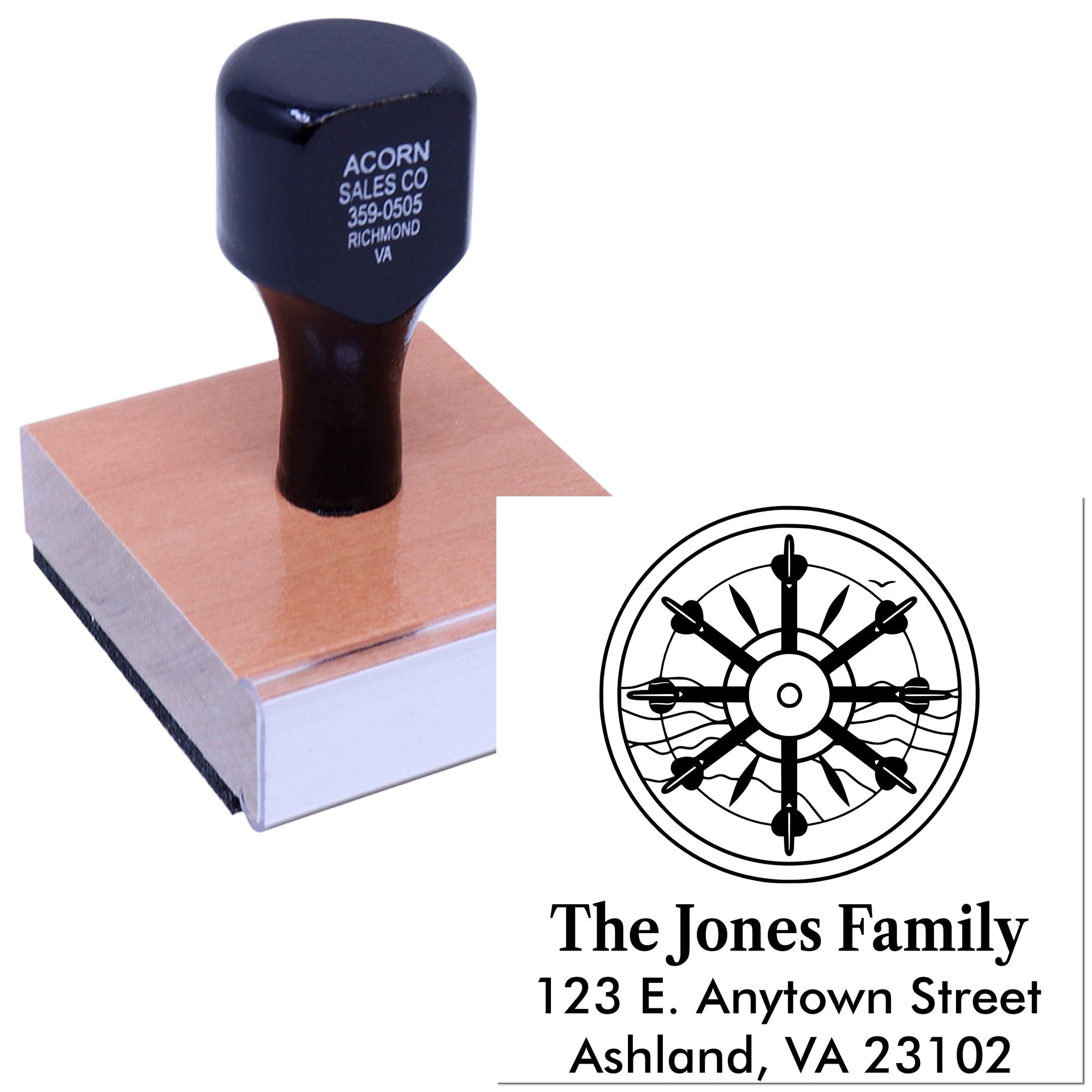 Personalized rubber stamp with custom family address and nautical wheel design for mailing and return address labeling.