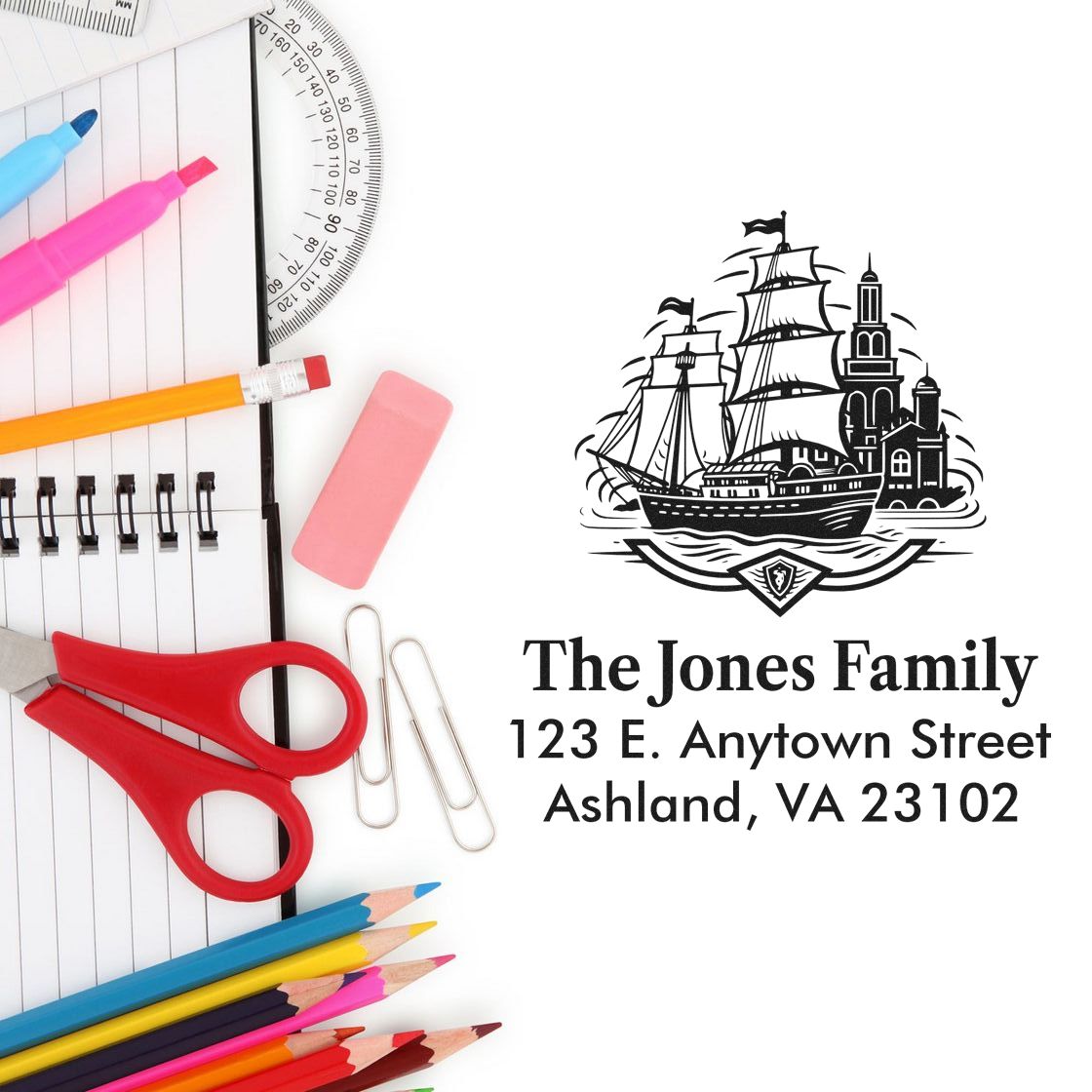 Custom family address rubber stamp design with ship logo and The Jones Family address, shown beside school supplies.