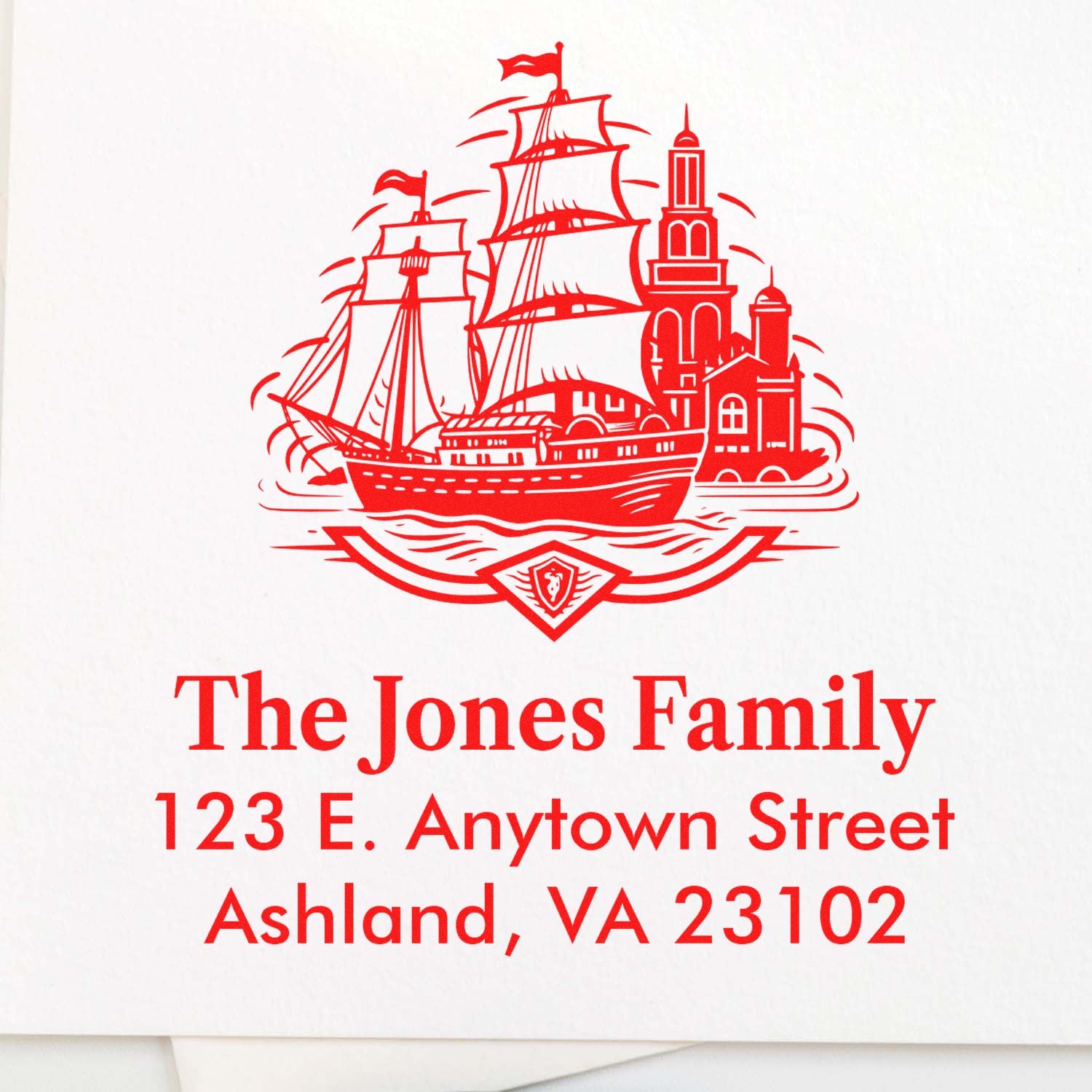 Custom nautical return address rubber stamp for The Jones Family, with sailing ship design and Ashland, VA 23102.