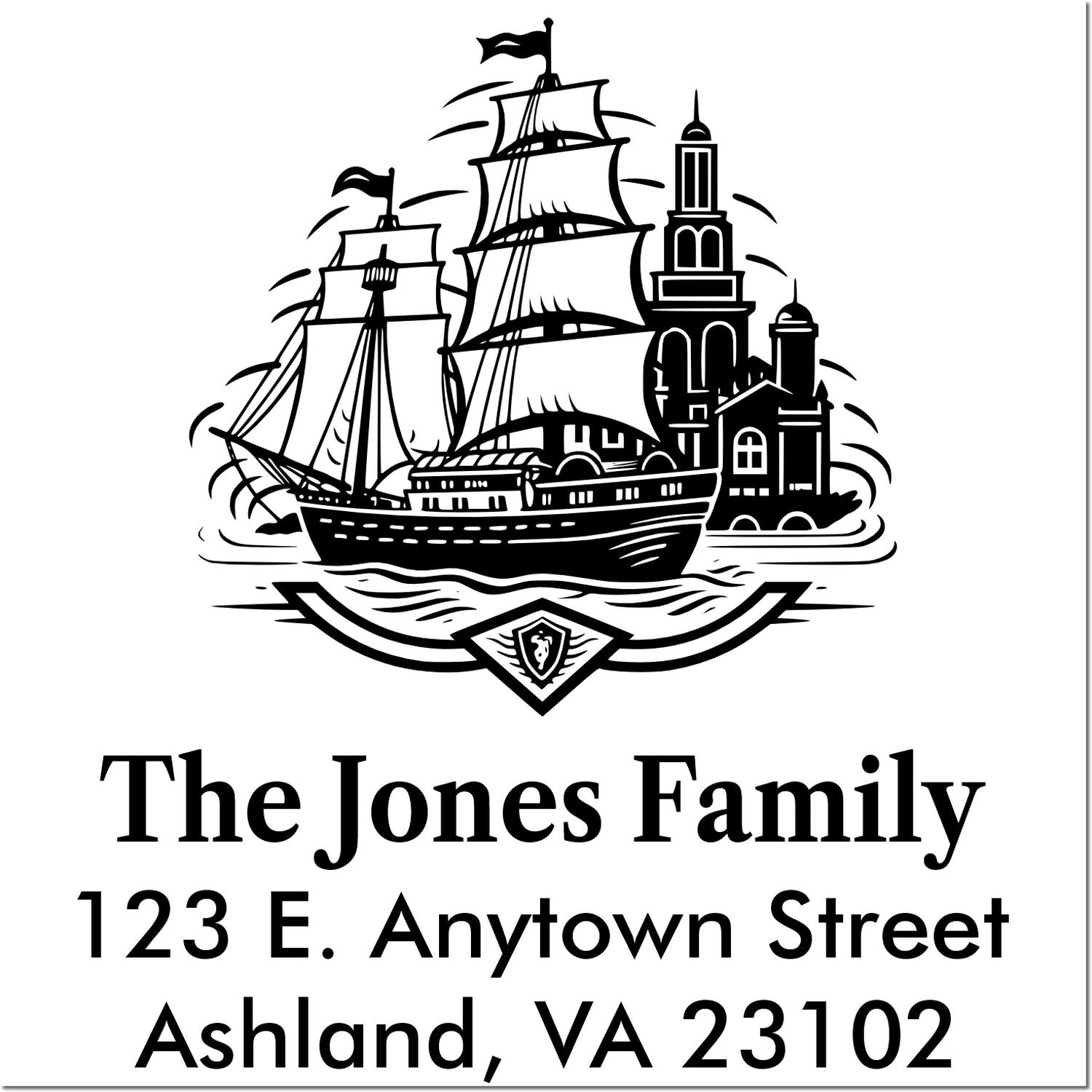 Custom return address rubber stamp with nautical ship design for The Jones Family, 123 E. Anytown Street, Ashland, VA 23102