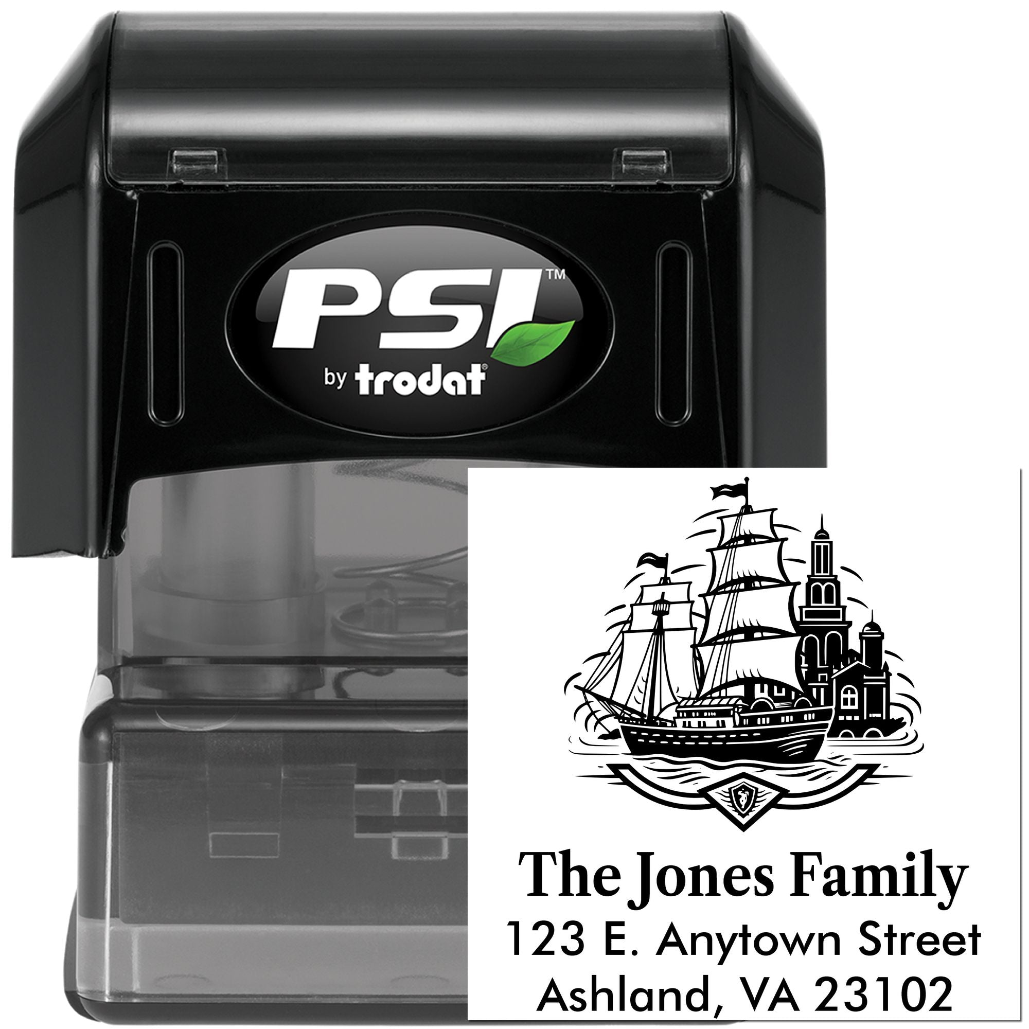 PSI by Trodat custom self-inking rubber stamp with nautical family return address for personalized mailing and business use