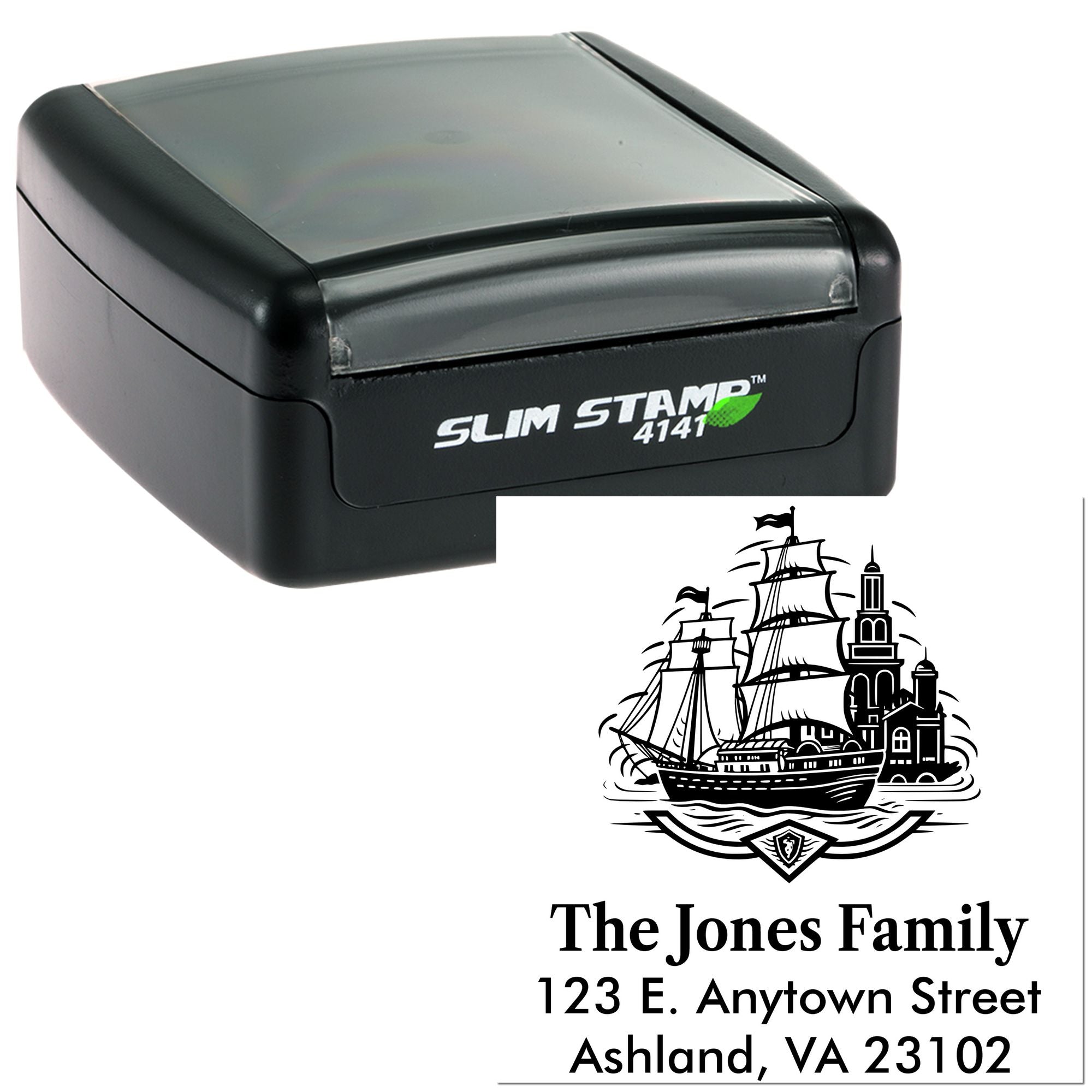 Custom self-inking address rubber stamp with nautical ship design, family name, and return address for personalized mailing.