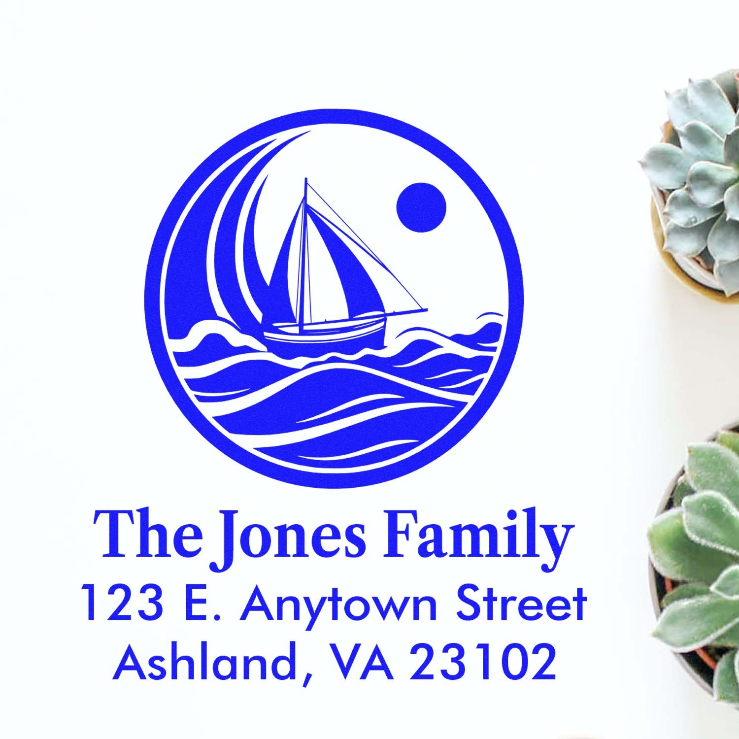 Custom sailboat return address rubber stamp for The Jones Family, 123 E. Anytown Street, Ashland, VA 23102