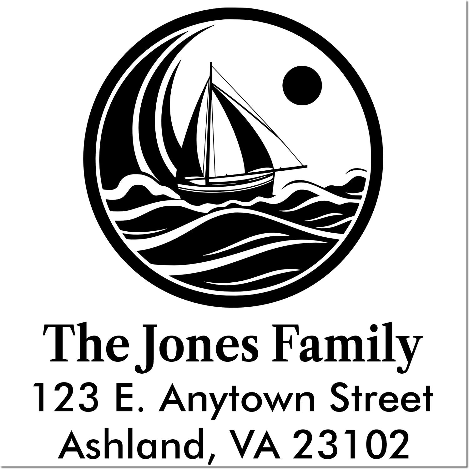 Personalized nautical return address rubber stamp with sailboat icon for The Jones Family, 123 E. Anytown Street, Ashland, VA 23102