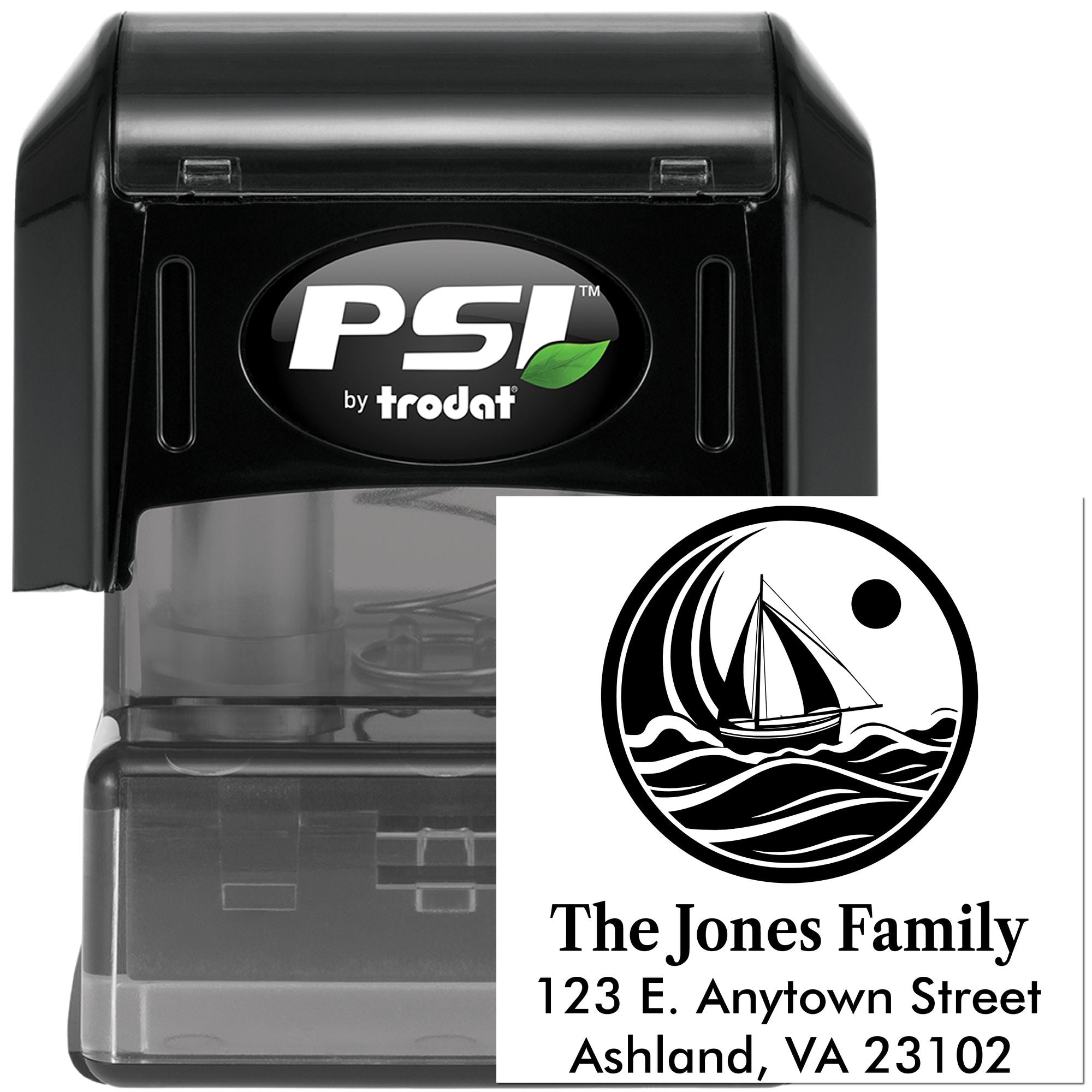 Custom self-inking return address rubber stamp with sailboat logo and The Jones Family address, PSI by Trodat.