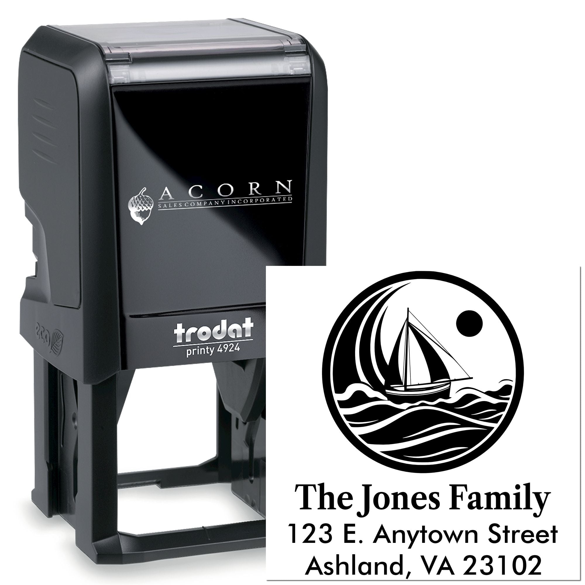 Personalized self-inking Trodat rubber address stamp with sailboat logo, The Jones Family name, and return mailing address.