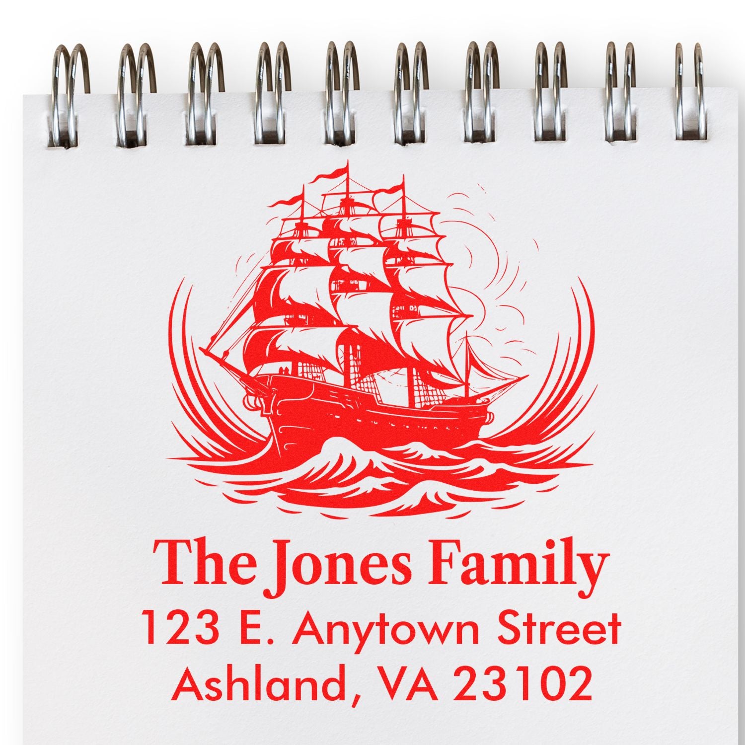Personalized rubber stamp with sailing ship logo and return address for The Jones Family, Ashland, VA.