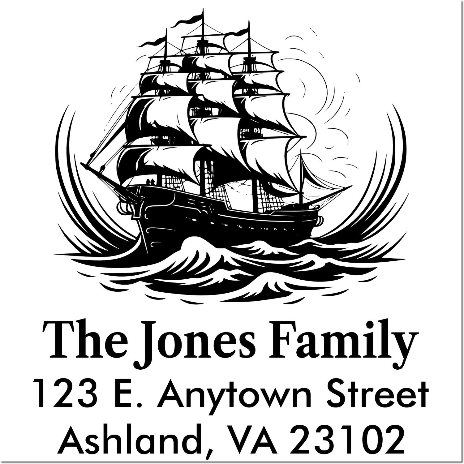 Custom nautical address rubber stamp with tall ship, family name, and return address for personalized mail.