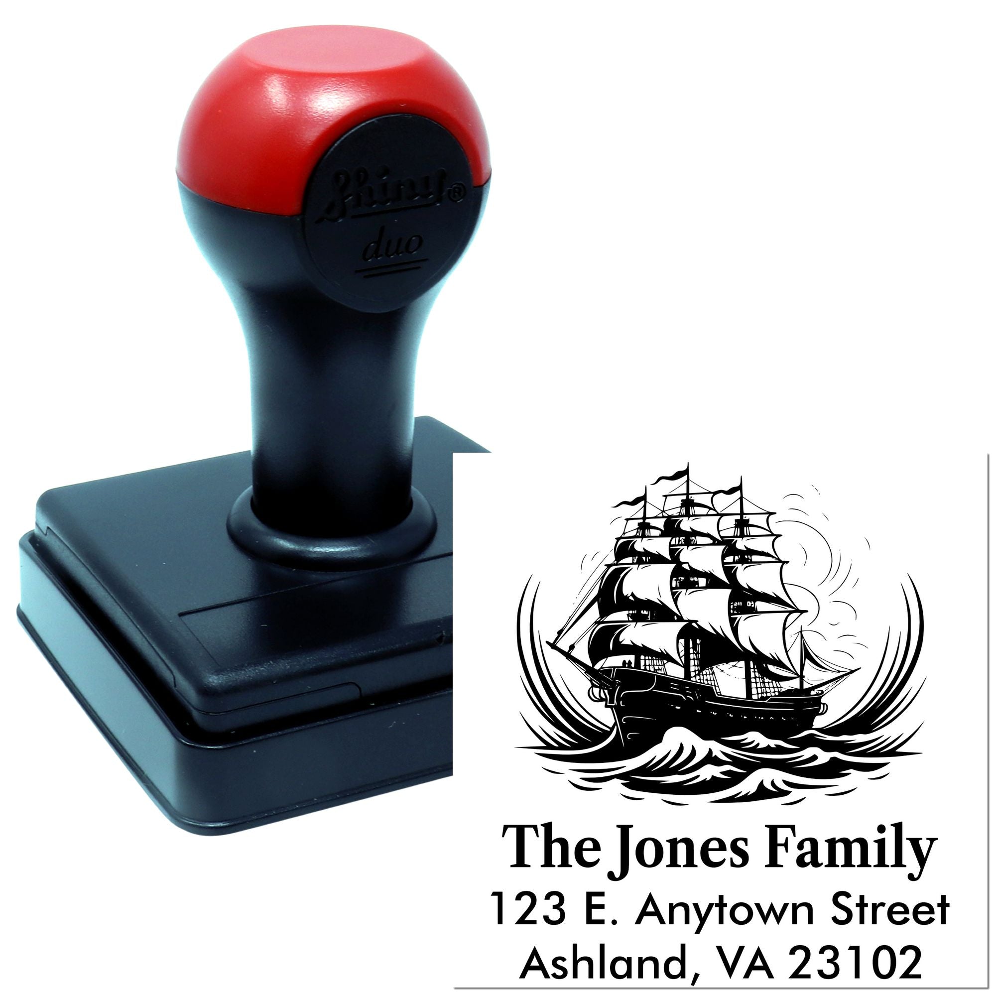 Custom self-inking rubber stamp with nautical ship design for The Jones Family return address labels.