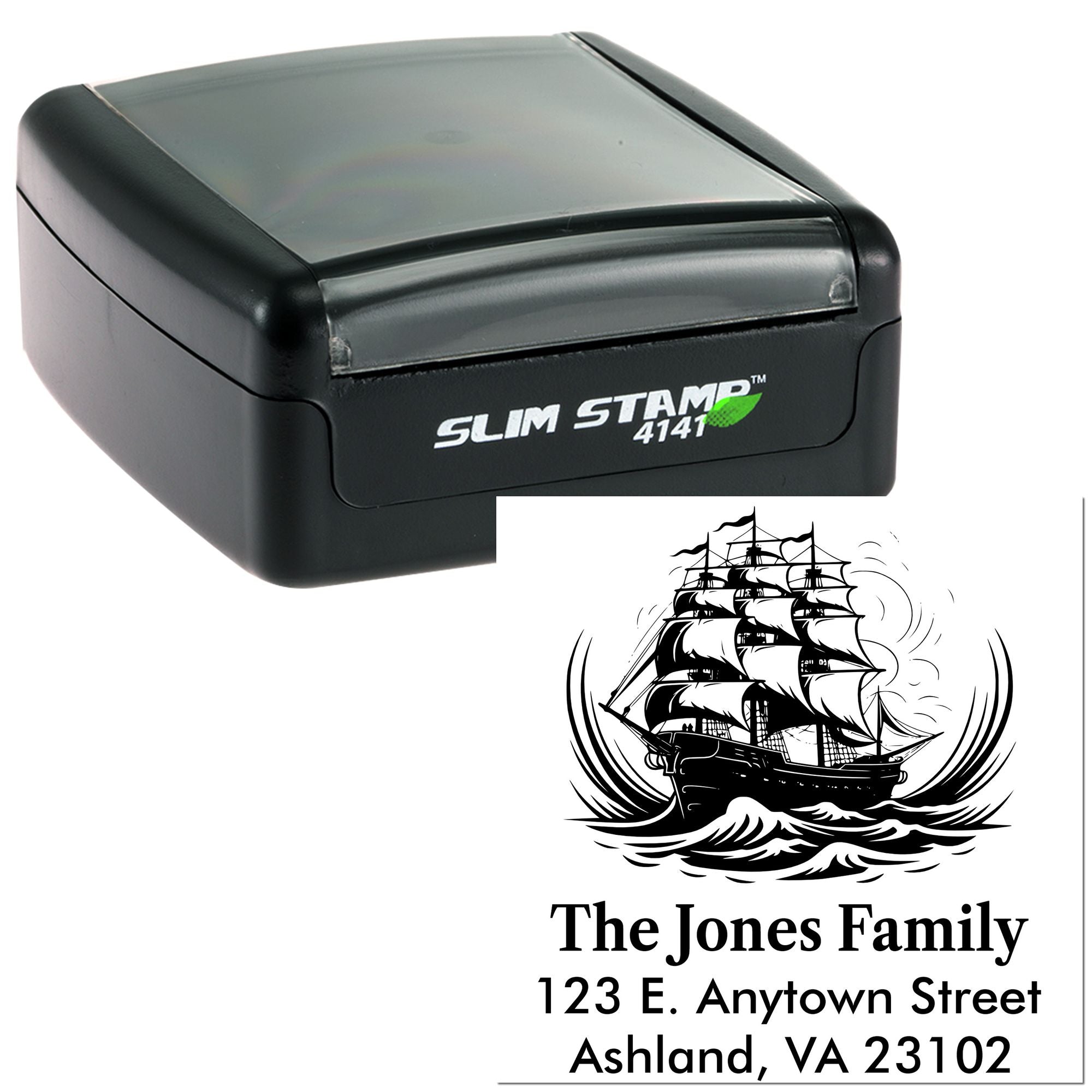 Custom self-inking rubber stamp for family address labels, featuring a sailing ship design and personalized return address imprint.