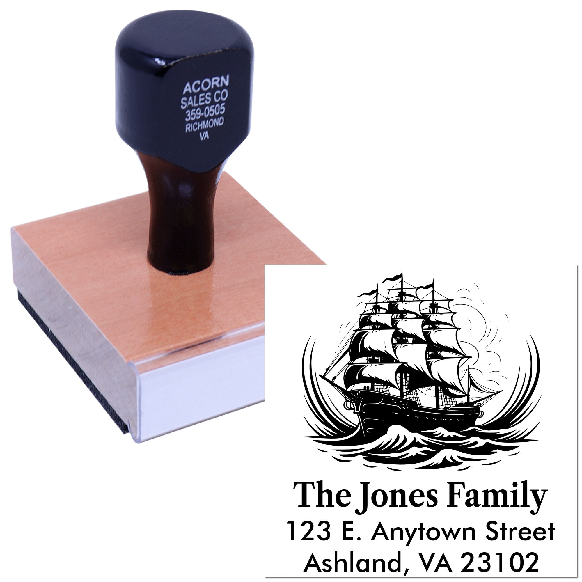 Custom rubber address stamp with ship design and family name, ideal for personalized mailing and packaging.