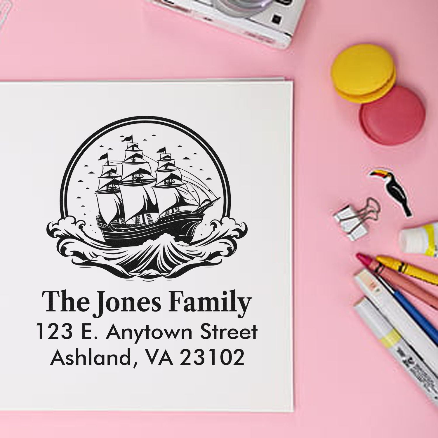 Custom return address rubber stamp with ship emblem for The Jones Family, ideal for personalized mailing and stationery.