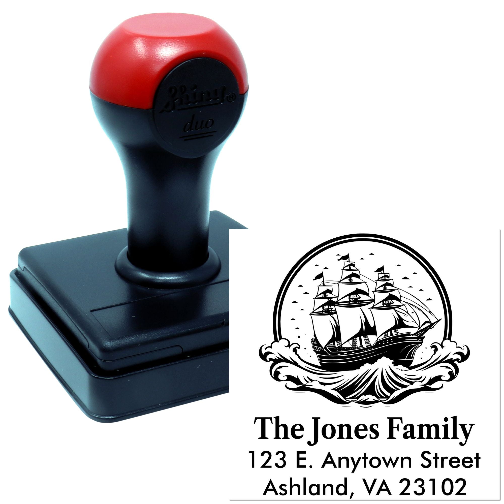 Custom self-inking rubber stamp with nautical ship design and return address for The Jones Family in Ashland, VA.