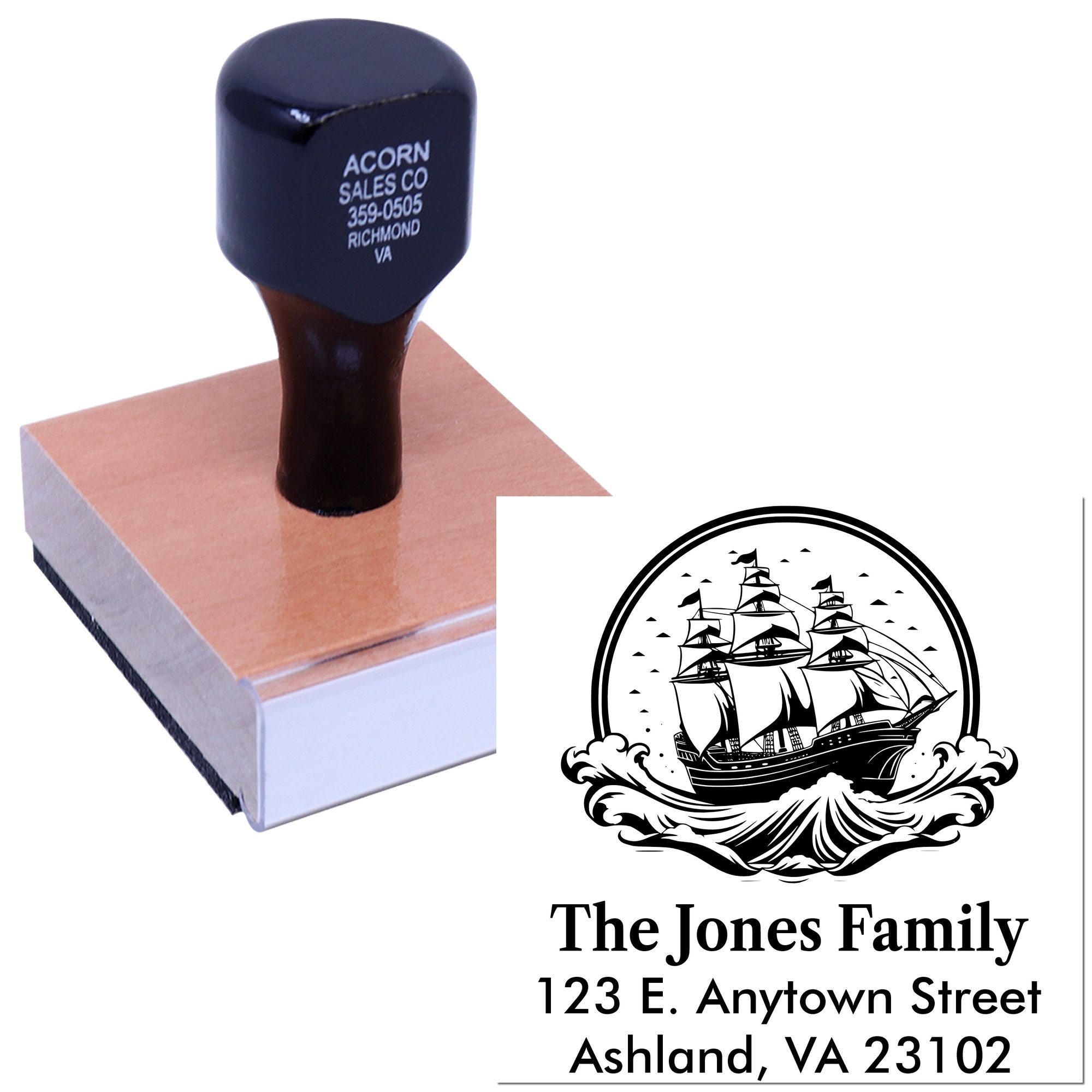 Custom rubber stamp with nautical family return address design and sailing ship artwork for personalized mail.