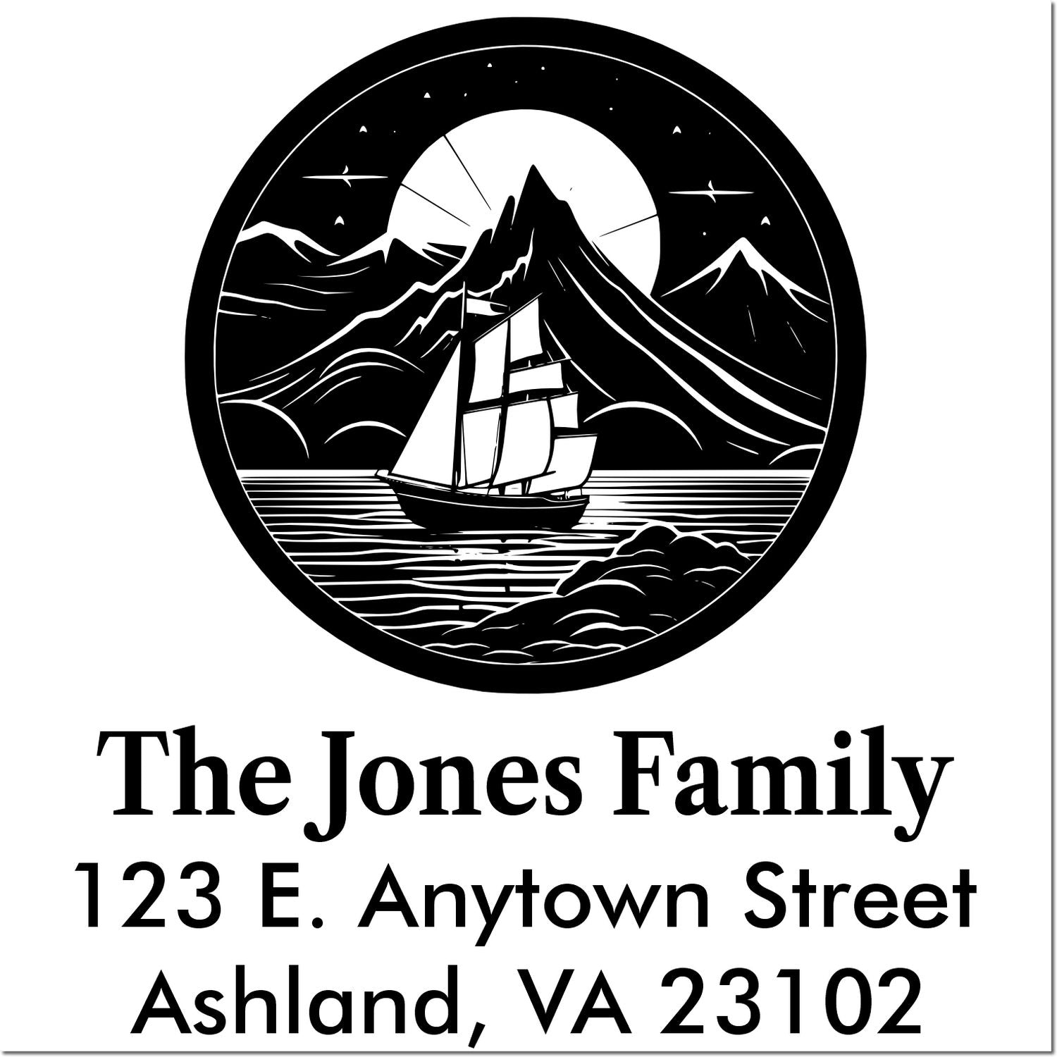 Custom address rubber stamp with sailboat and mountain logo for The Jones Family, 123 E. Anytown Street, Ashland VA 23102