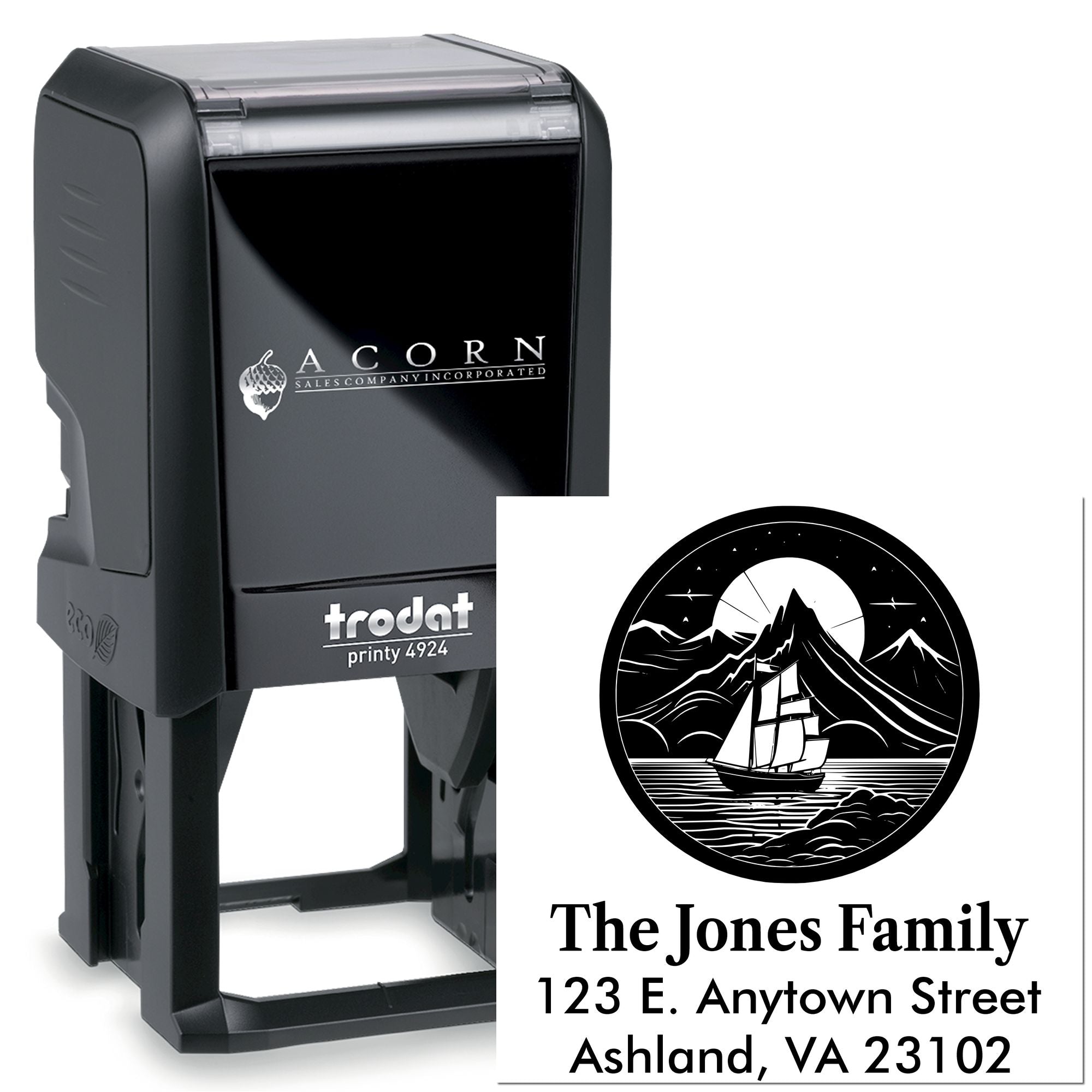 Custom self-inking return address rubber stamp with family logo, Trodat Printy 4924 personalized mailing stamp