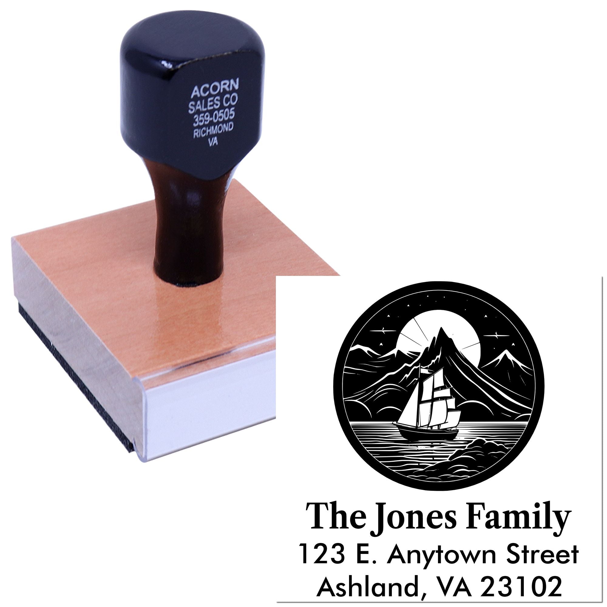 Custom rubber return address stamp with sailboat logo for personalized mail and family envelopes.