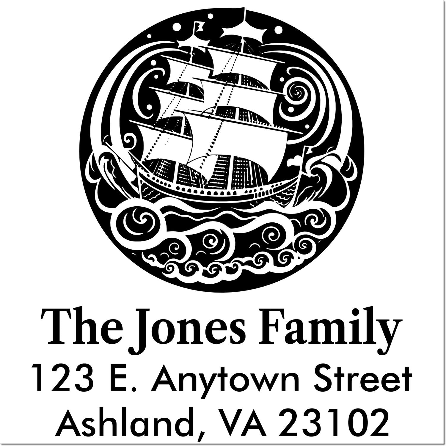 Personalized nautical return address rubber stamp with sailing ship design for The Jones Family, Ashland, VA 23102.