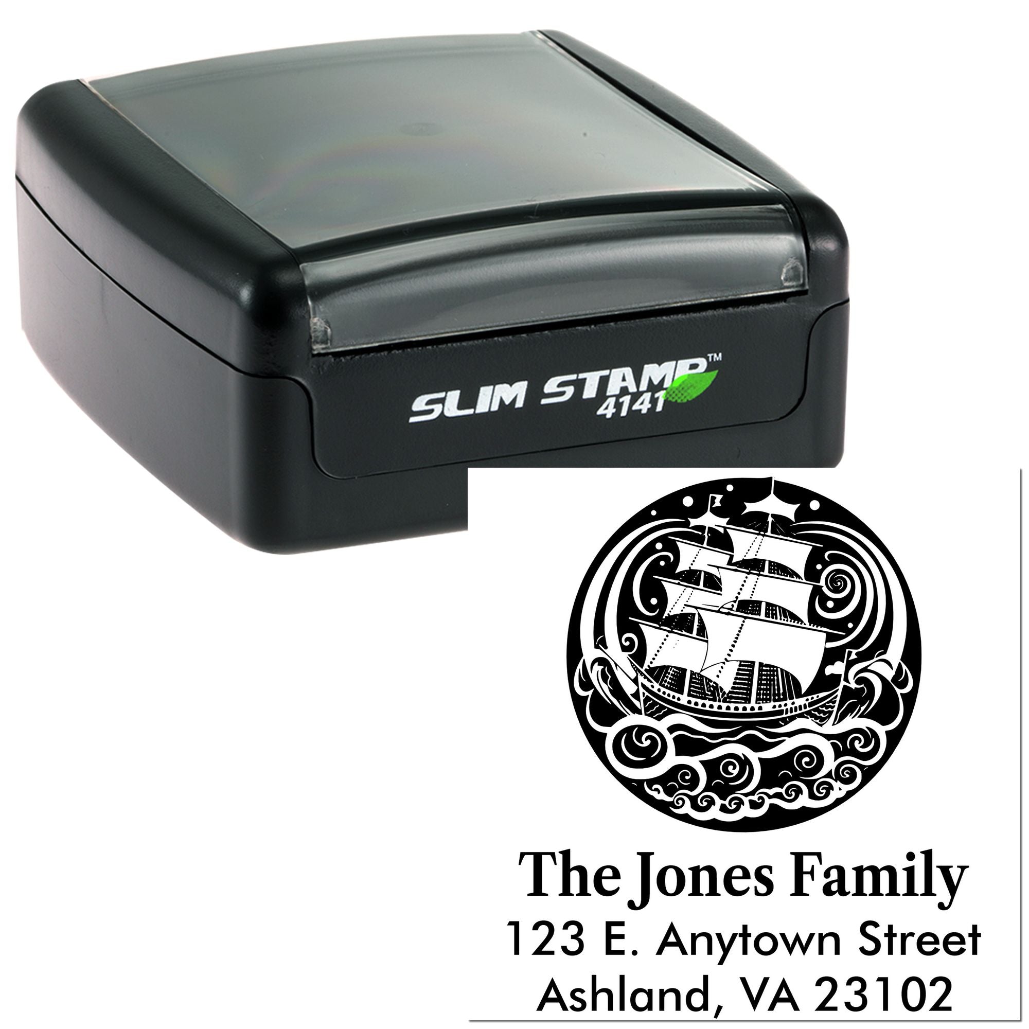 Slim Stamp 4141 custom self-inking rubber stamp with nautical family return address design.