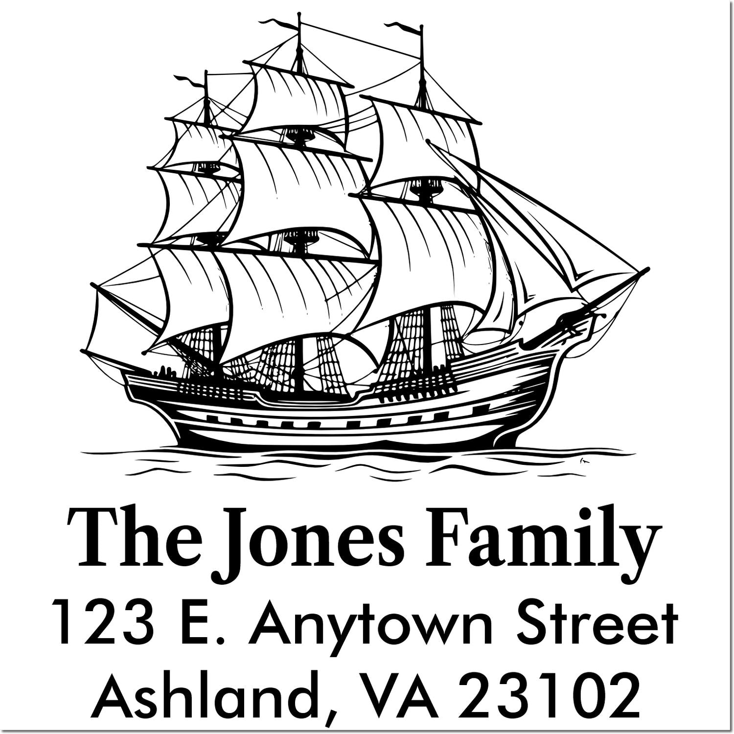 Personalized sailing ship address rubber stamp for The Jones Family, 123 E. Anytown Street, Ashland VA 23102