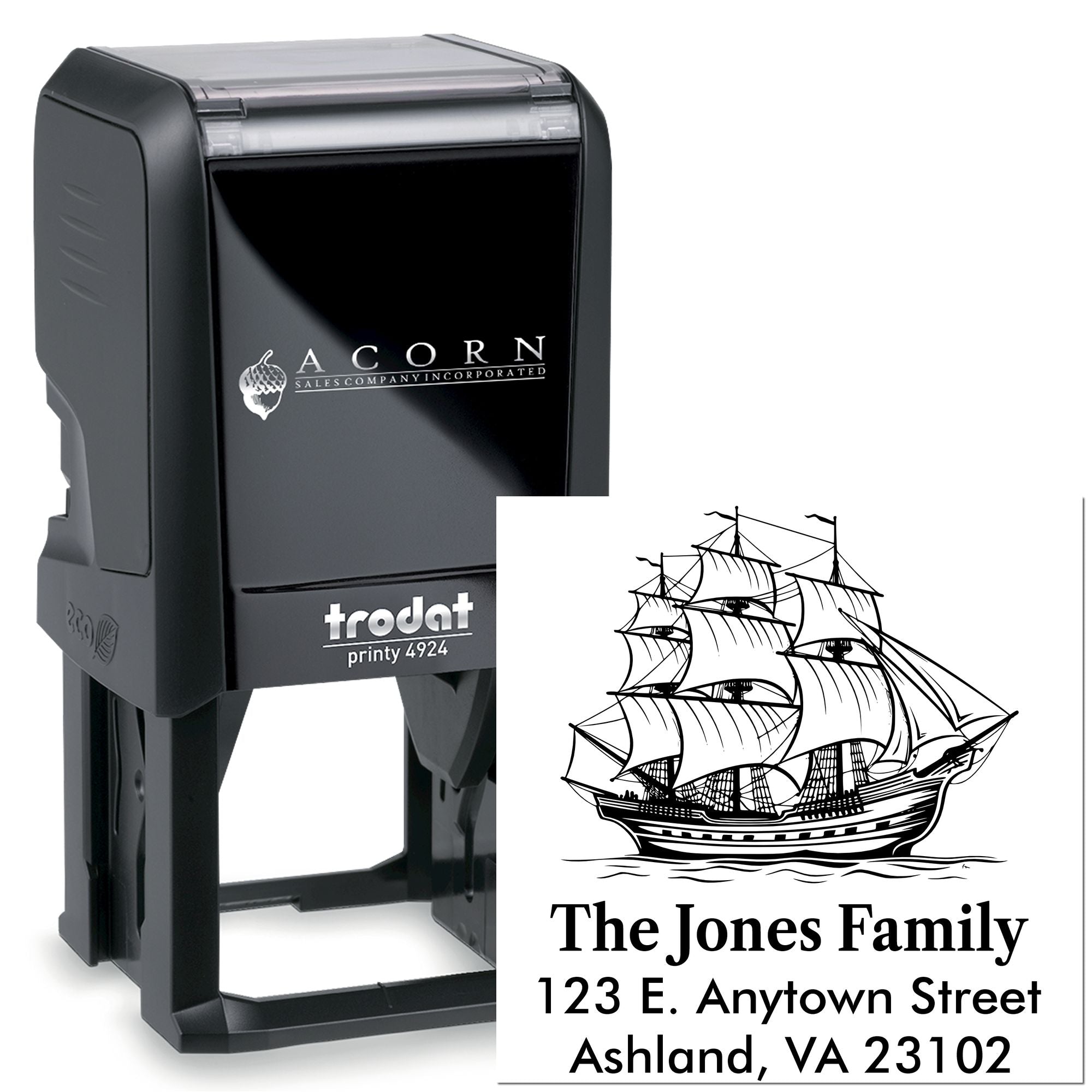 Custom self-inking rubber address stamp with sailing ship design for personalized family mail, invitations, and packaging.