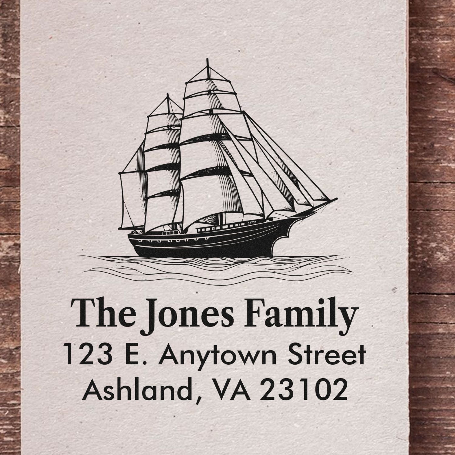 Personalized return address rubber stamp with tall ship design for family stationery, envelopes, and nautical-themed mail.