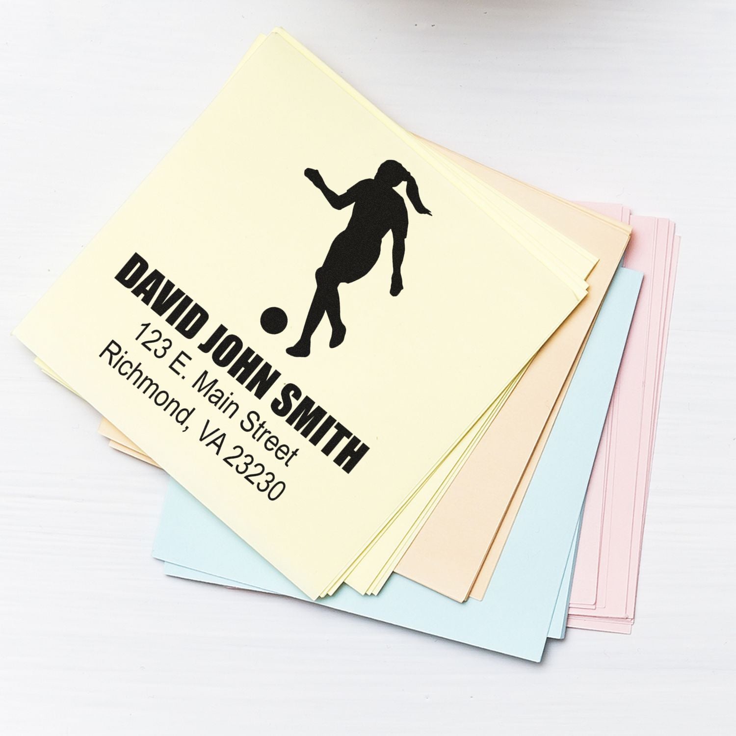 Custom return address rubber stamp with soccer player silhouette for David John Smith, Richmond, VA, for envelopes and stationery.